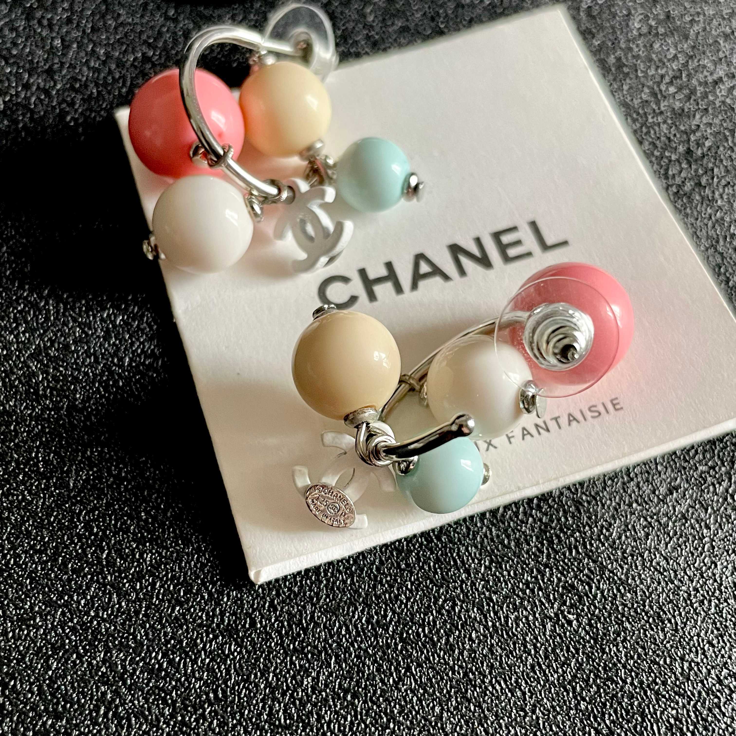 Chanel Pastel Bead Hoop Earrings with CC Charm - Elegant Jewelry