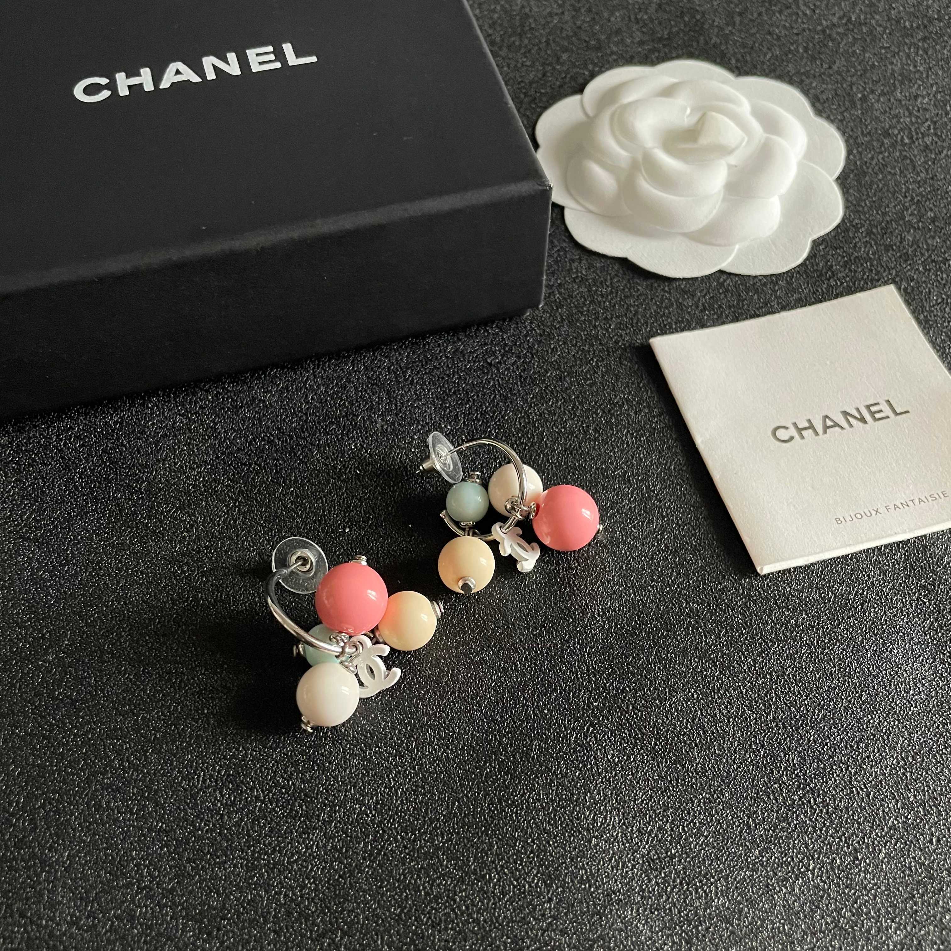 Chanel Pastel Bead Hoop Earrings with CC Charm - Elegant Jewelry
