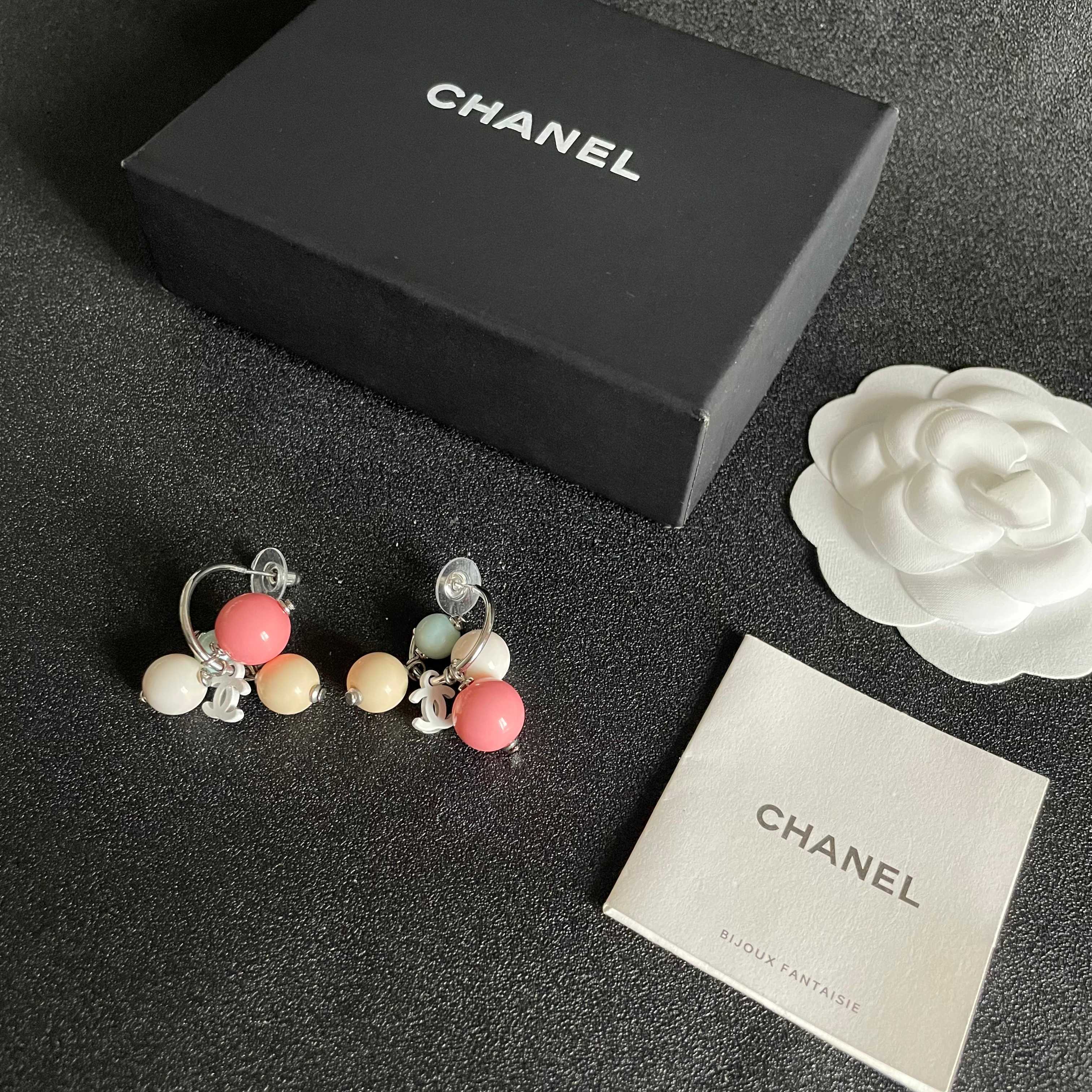 Chanel Pastel Bead Hoop Earrings with CC Charm - Elegant Jewelry