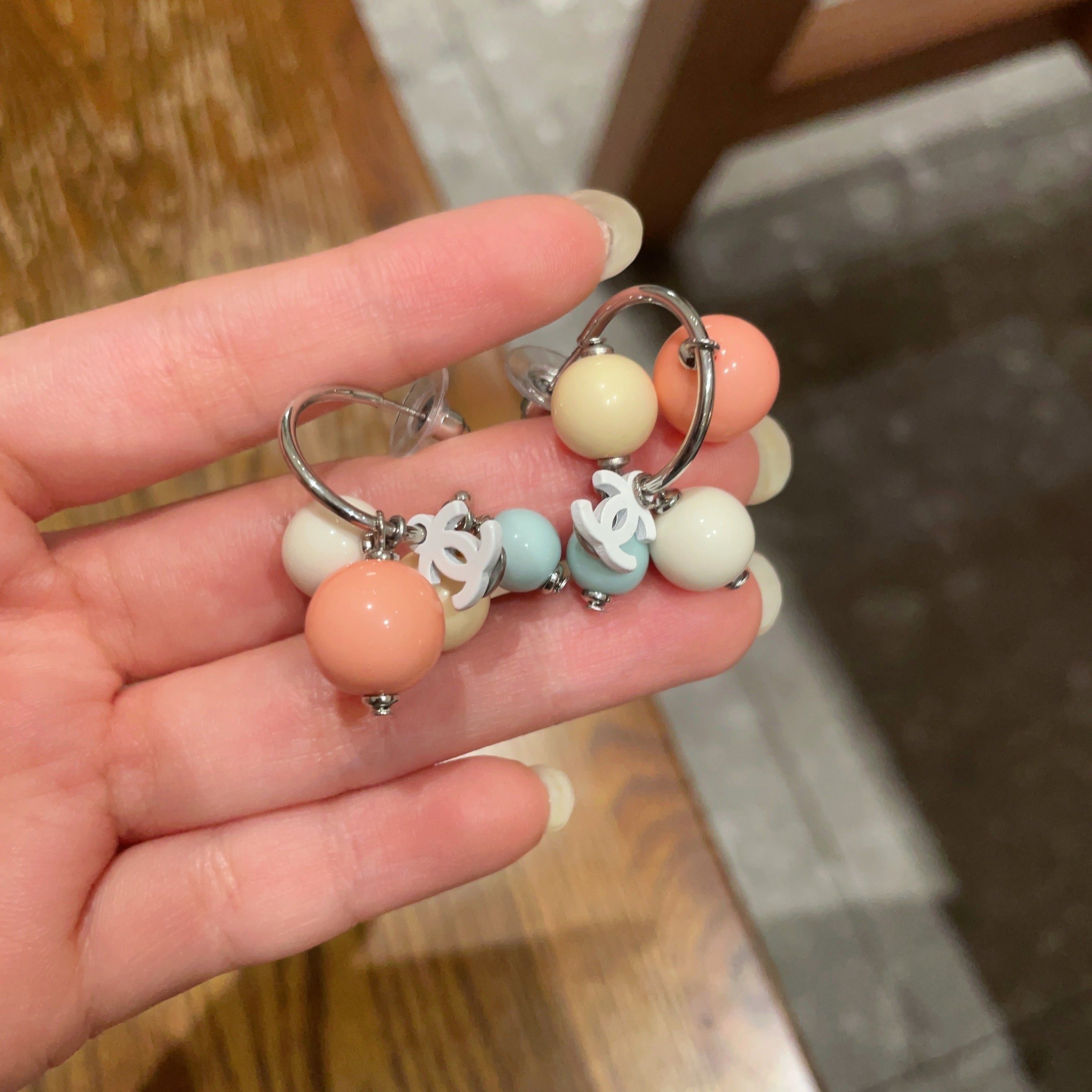 Chanel Pastel Bead Hoop Earrings with CC Charm - Elegant Jewelry