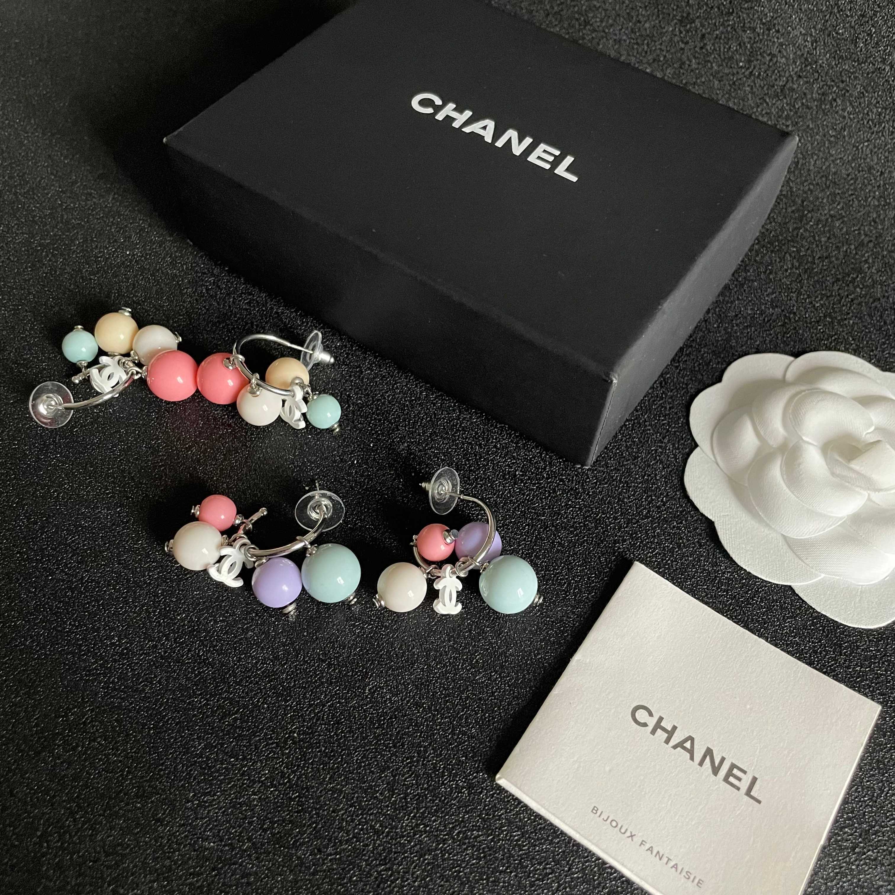 Chanel Pastel Bead Hoop Earrings with CC Charm - Elegant Jewelry