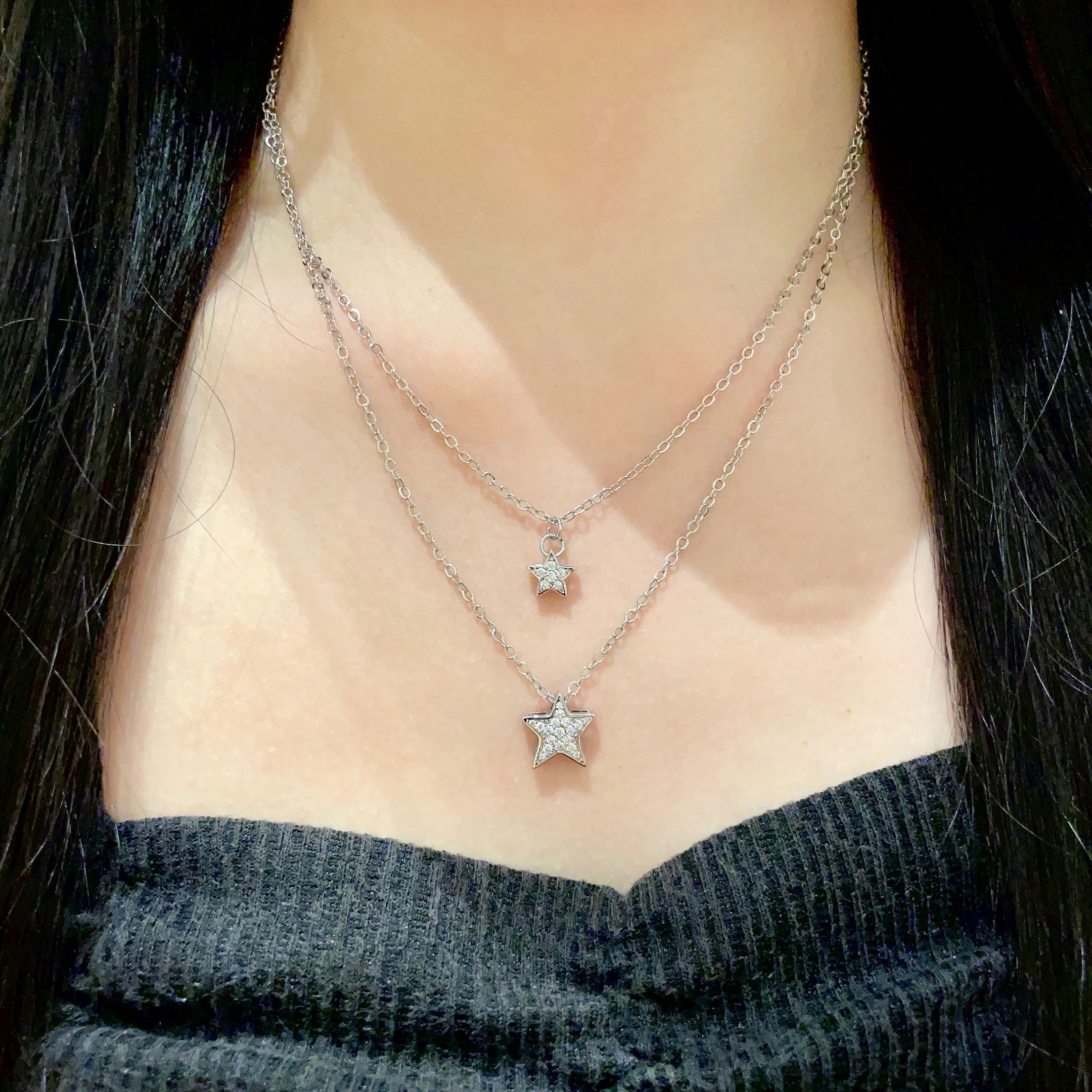 Sparkling Double Layer Star Pendant Necklace - Silver Crystal Jewelry