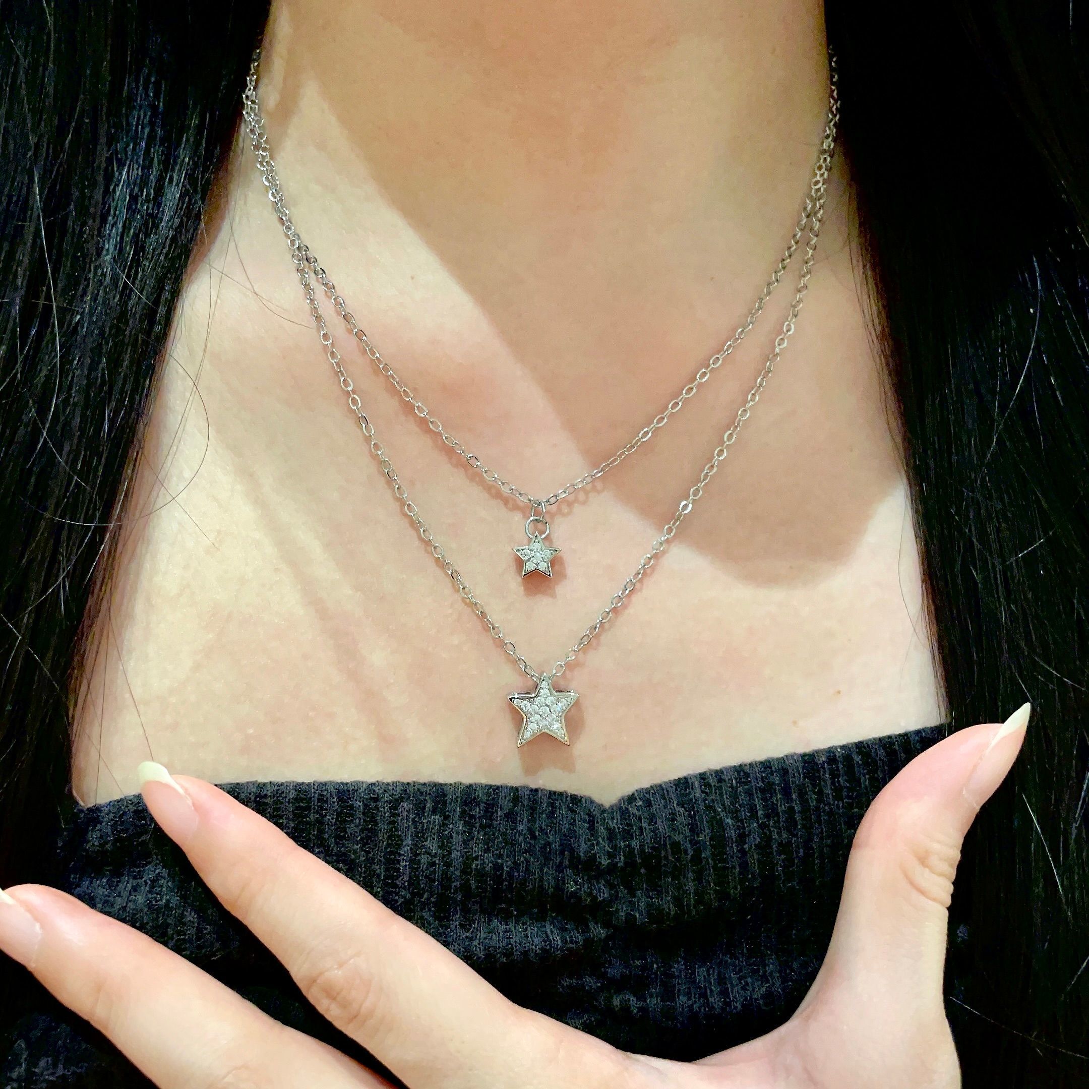 Sparkling Double Layer Star Pendant Necklace - Silver Crystal Jewelry