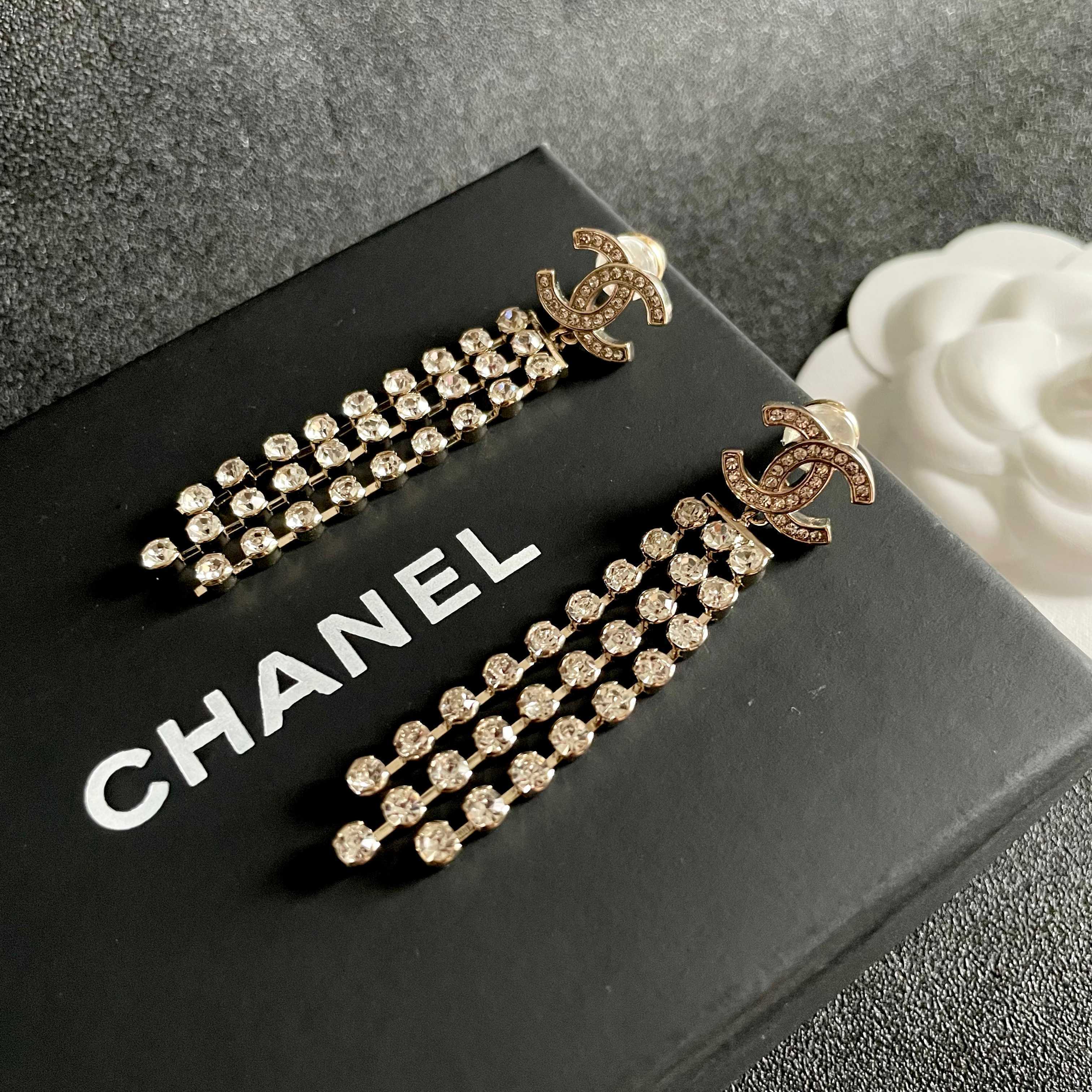 Luxury Rhinestone Long Dangle Earrings - Double C Tassel Jewelry