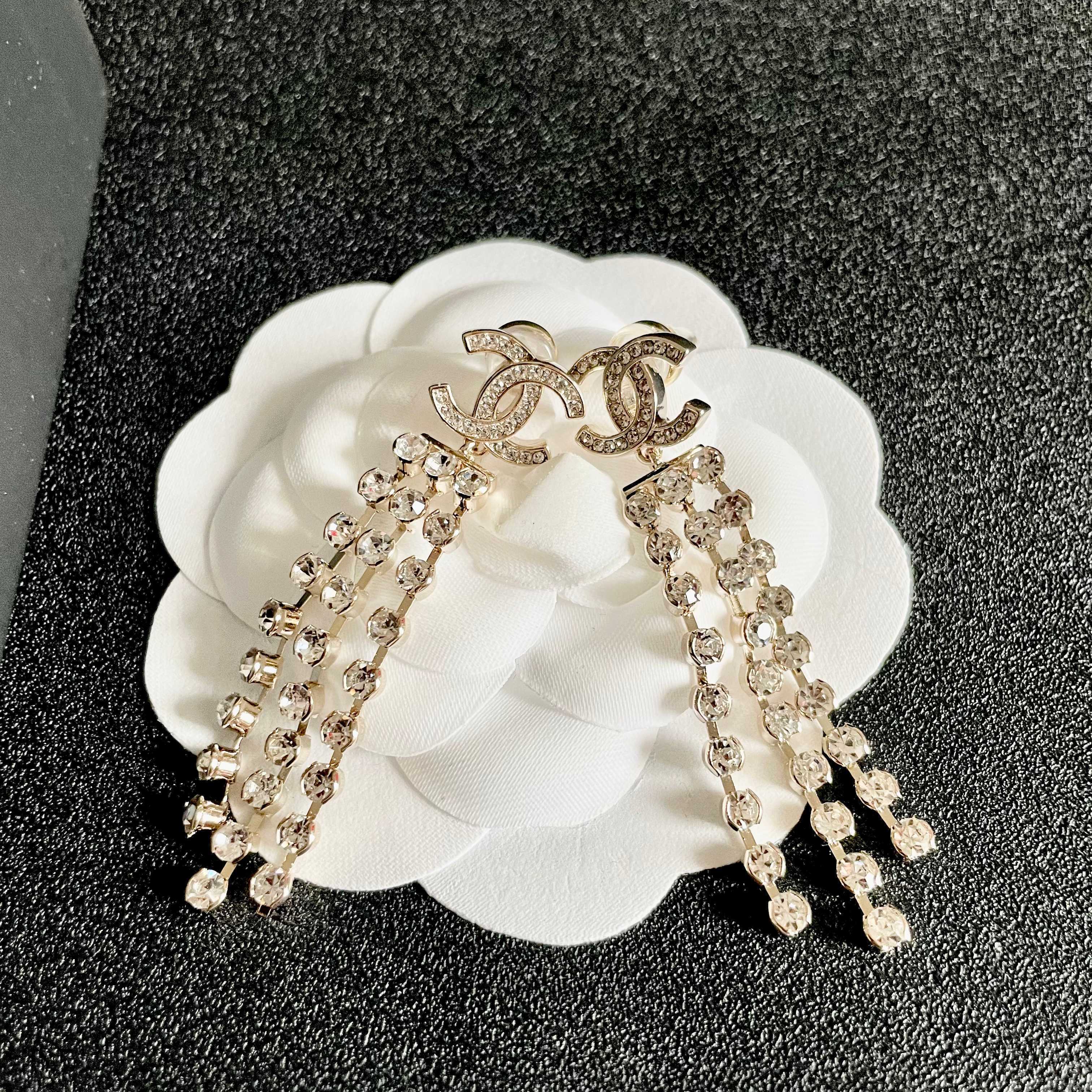 Luxury Rhinestone Long Dangle Earrings - Double C Tassel Jewelry