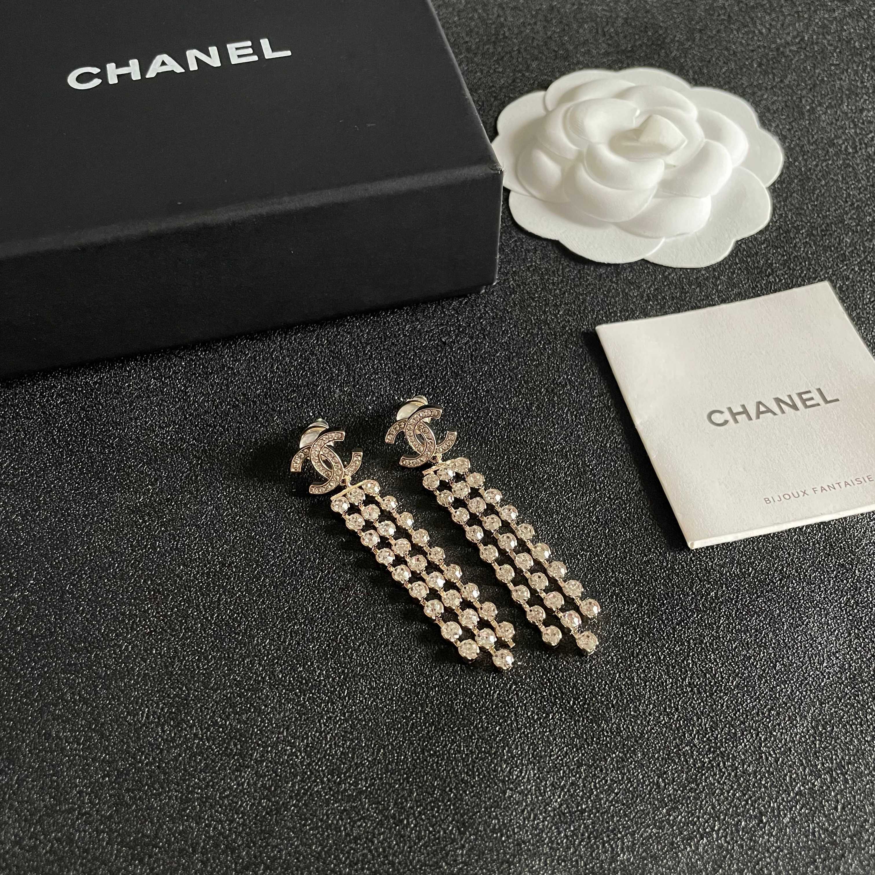 Luxury Rhinestone Long Dangle Earrings - Double C Tassel Jewelry