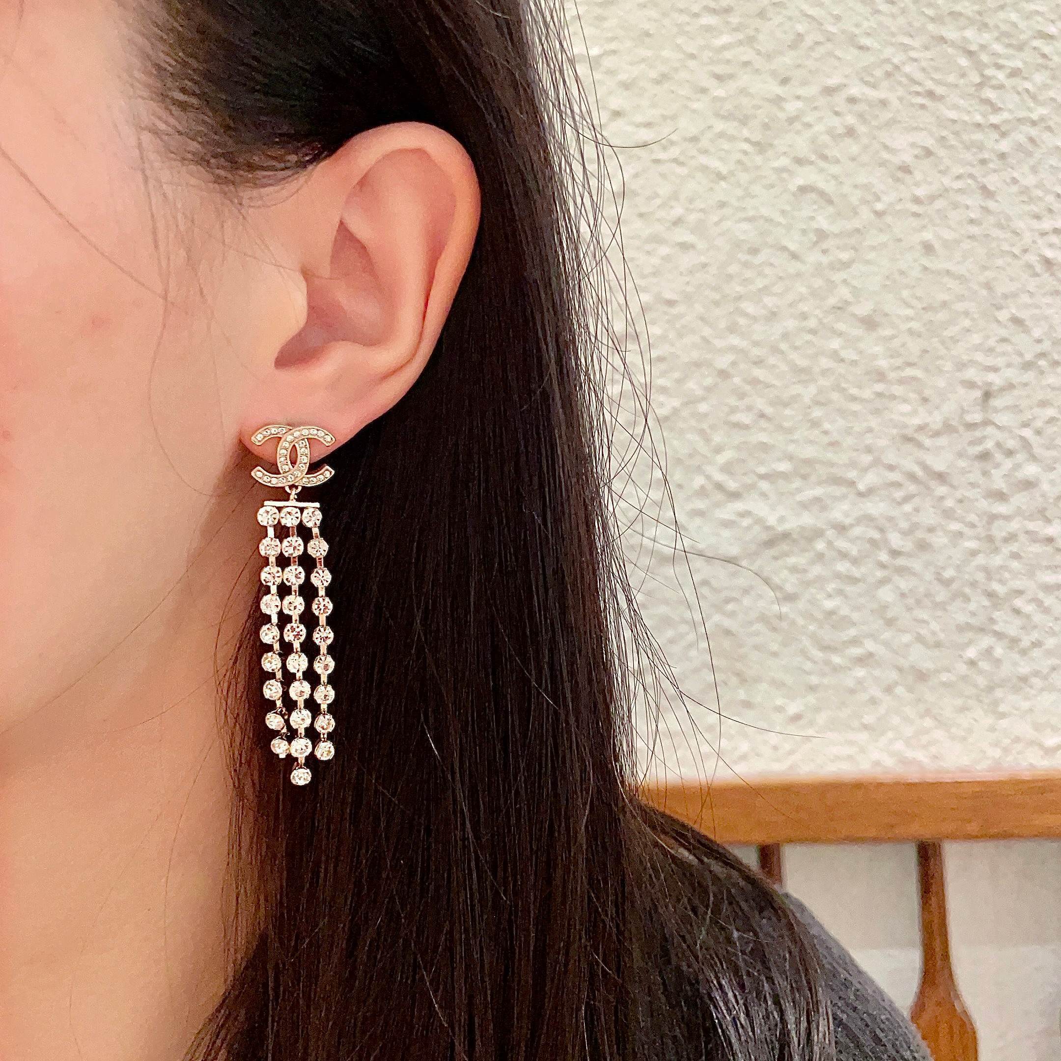 Luxury Rhinestone Long Dangle Earrings - Double C Tassel Jewelry