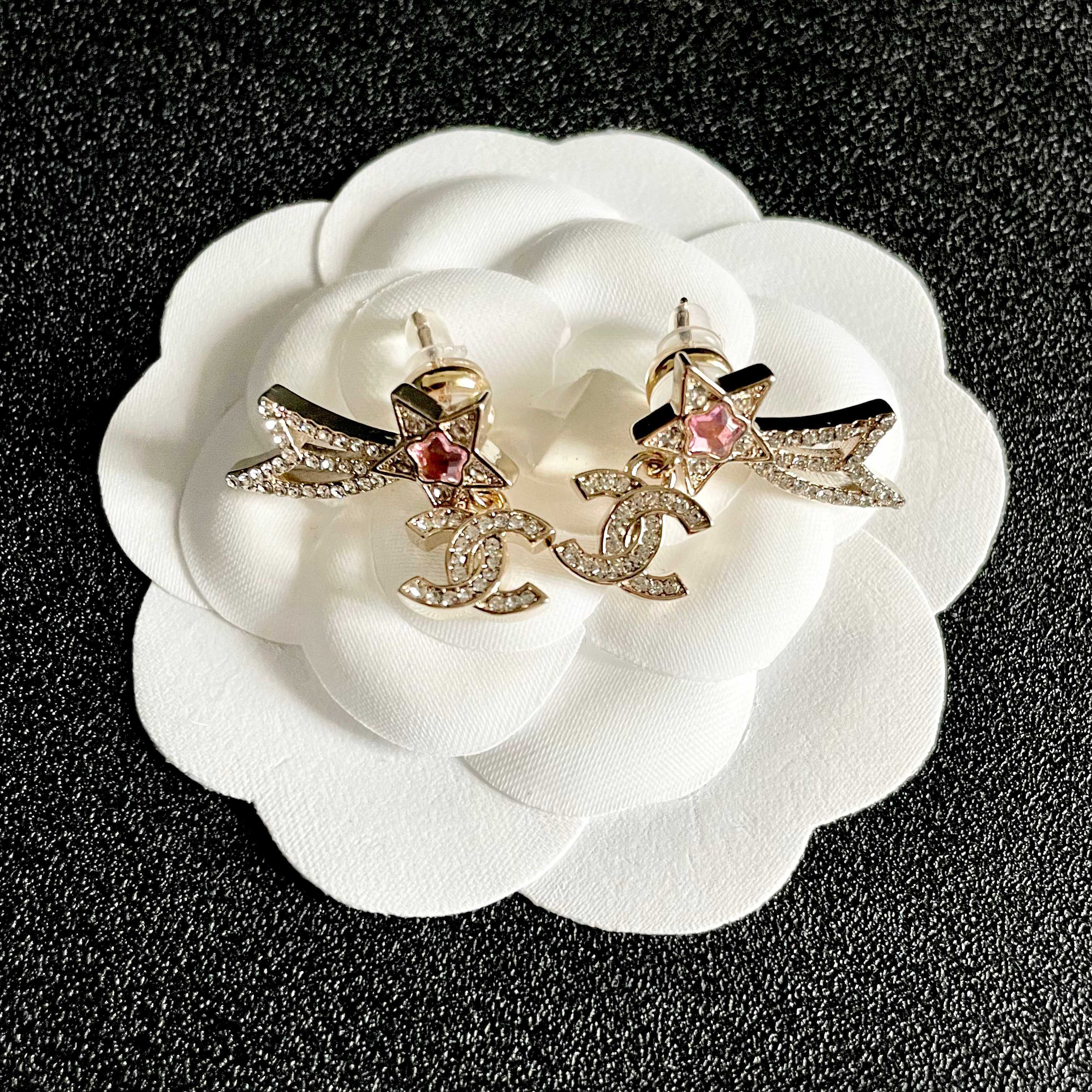 Elegant Gold Shooting Star Studs with Crystal CC Logo & Pink Gem