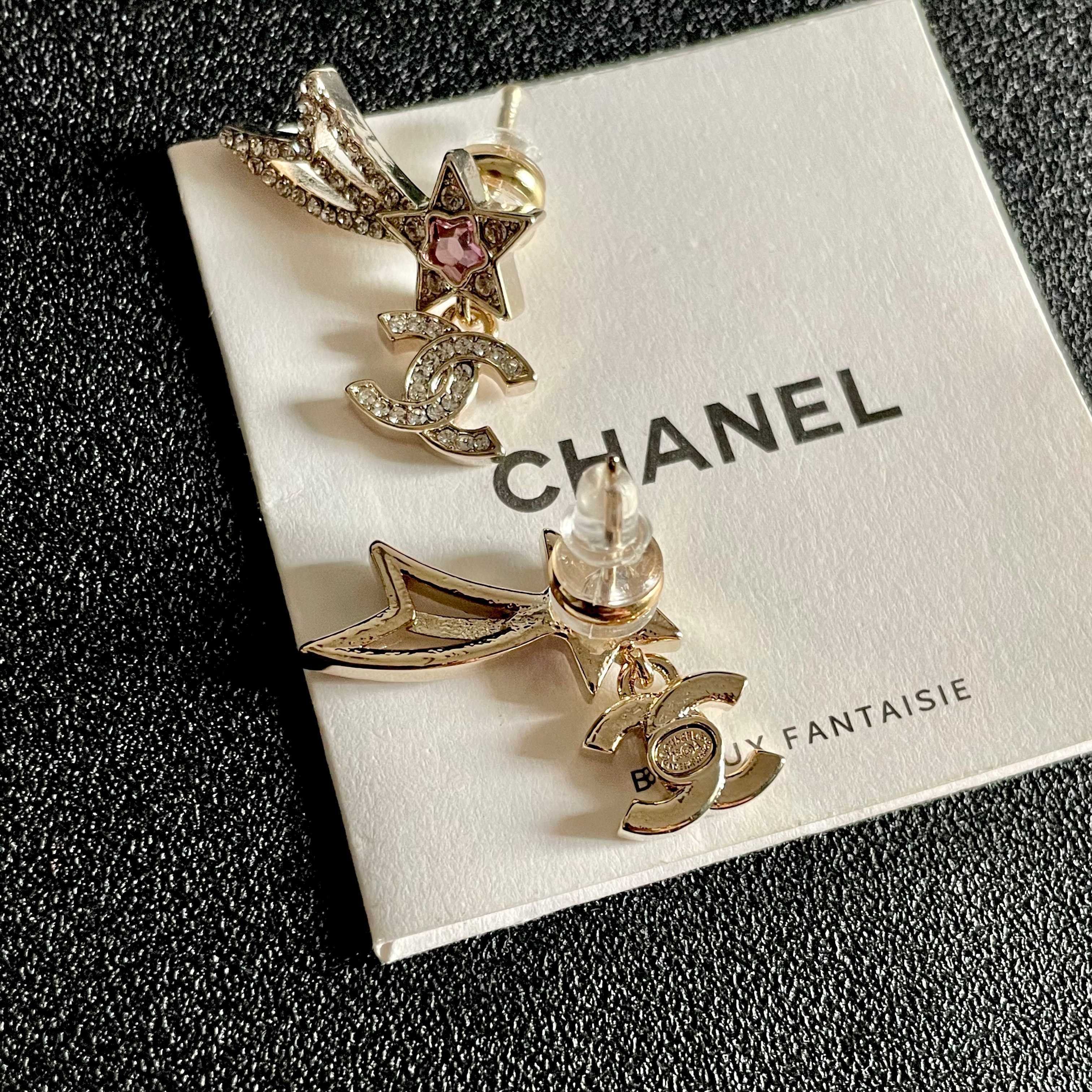 Elegant Gold Shooting Star Studs with Crystal CC Logo & Pink Gem