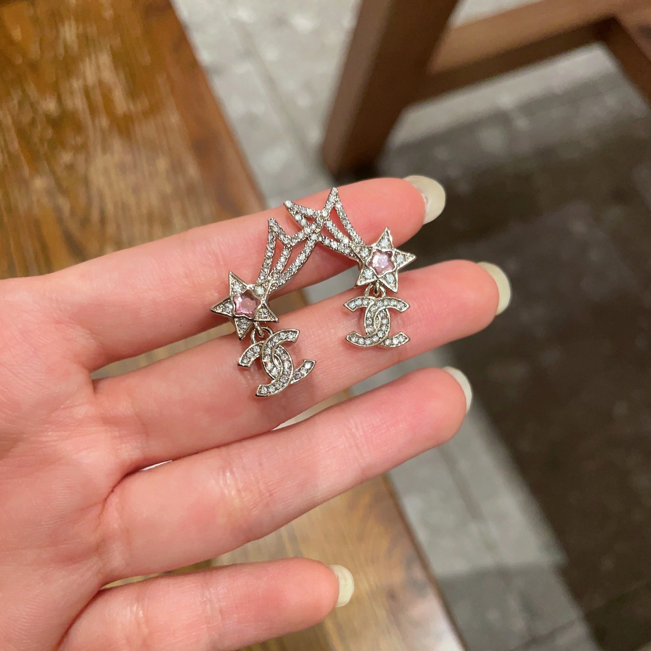 Elegant Gold Shooting Star Studs with Crystal CC Logo & Pink Gem