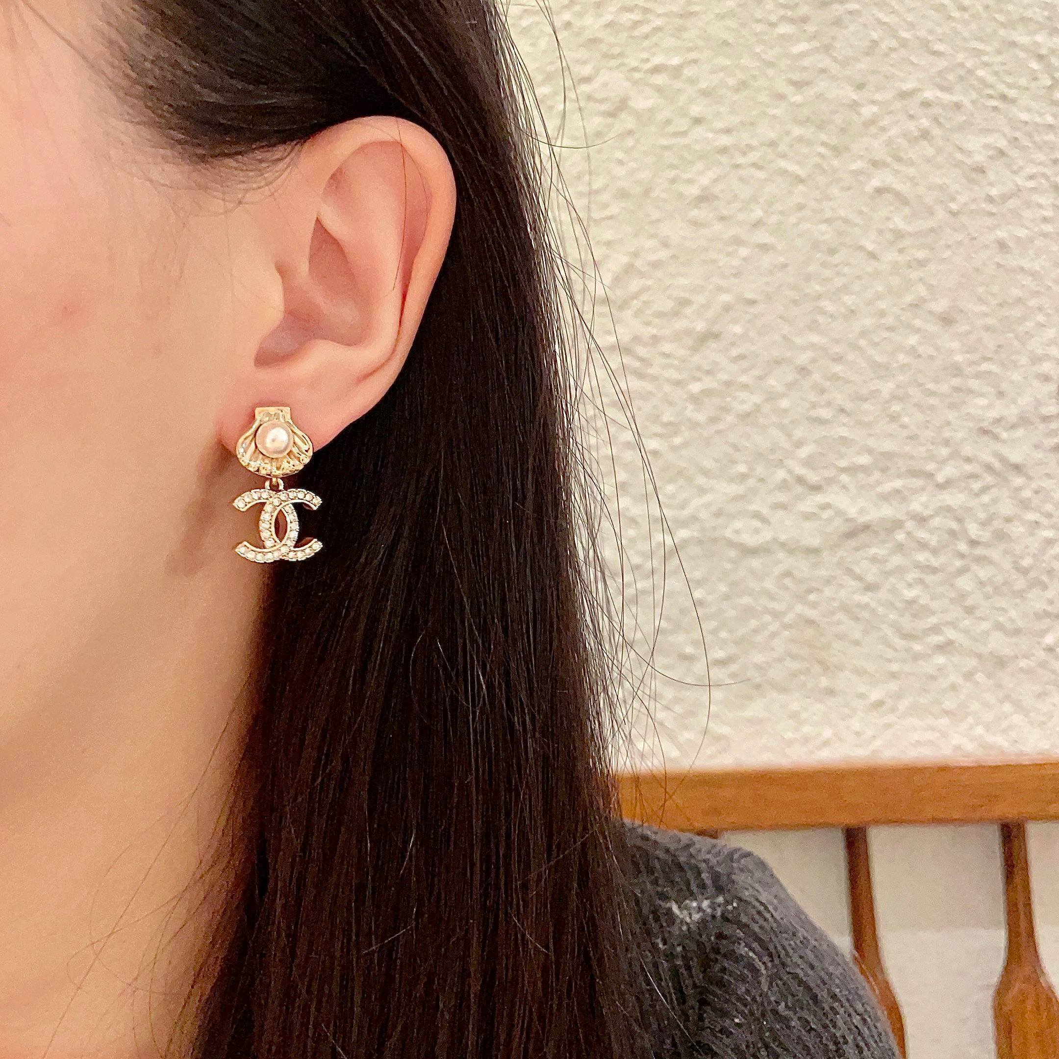 Luxury Gold Shell Pearl CC Dangle Earrings with Crystals