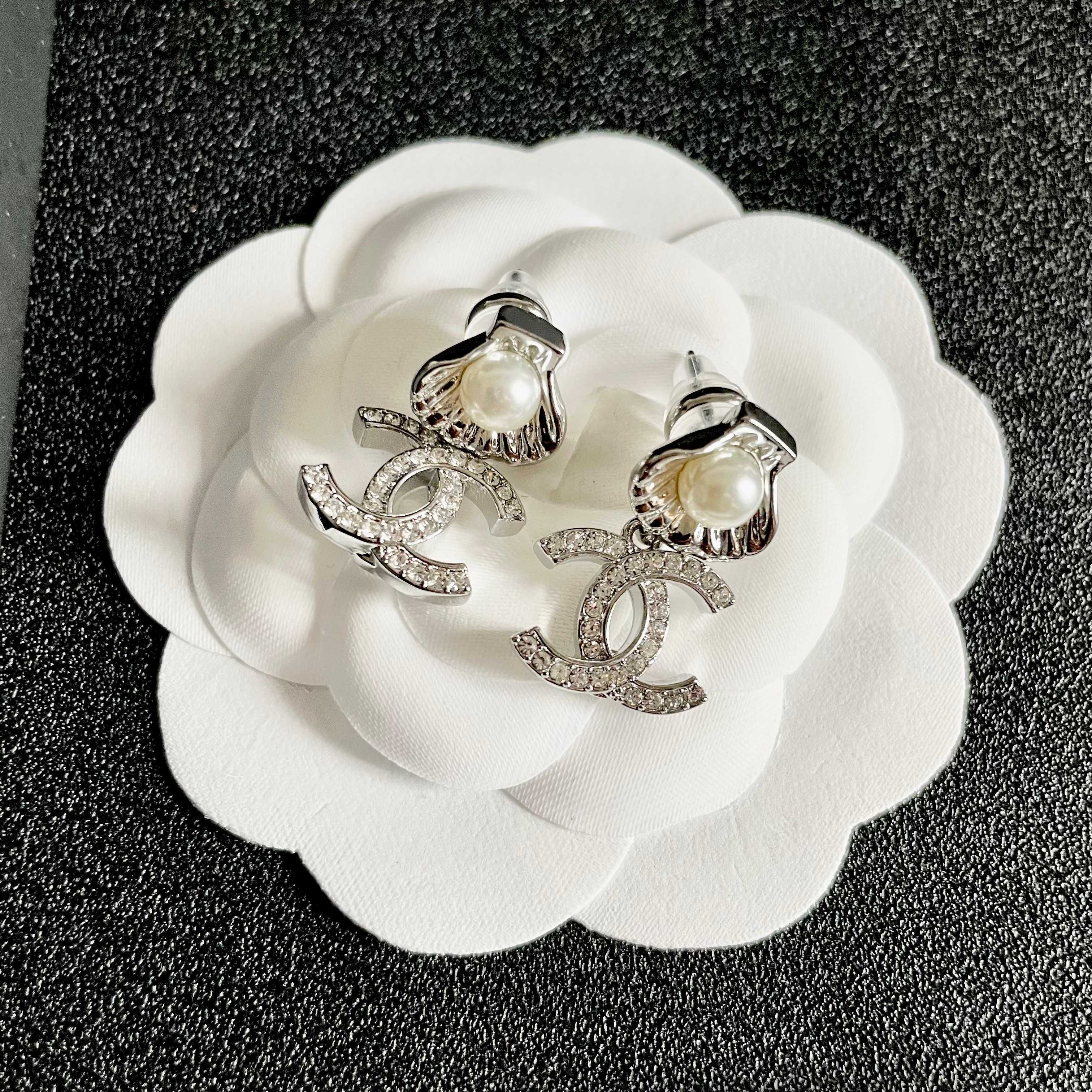 Elegant Seashell Pearl Crystal Double C Drop Earrings for Women