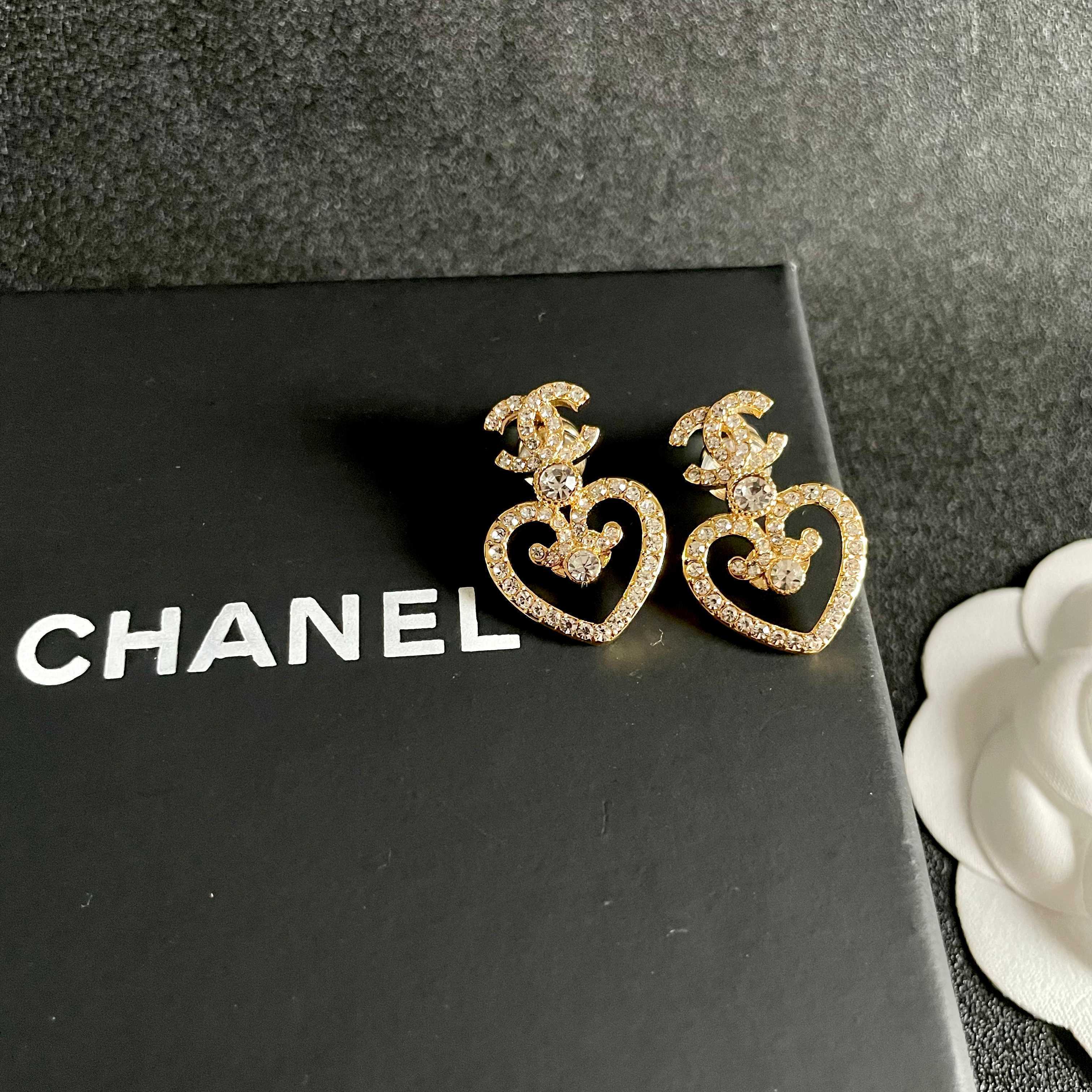 Luxury Gold Heart & CC Logo Crystal Stud Earrings for Women