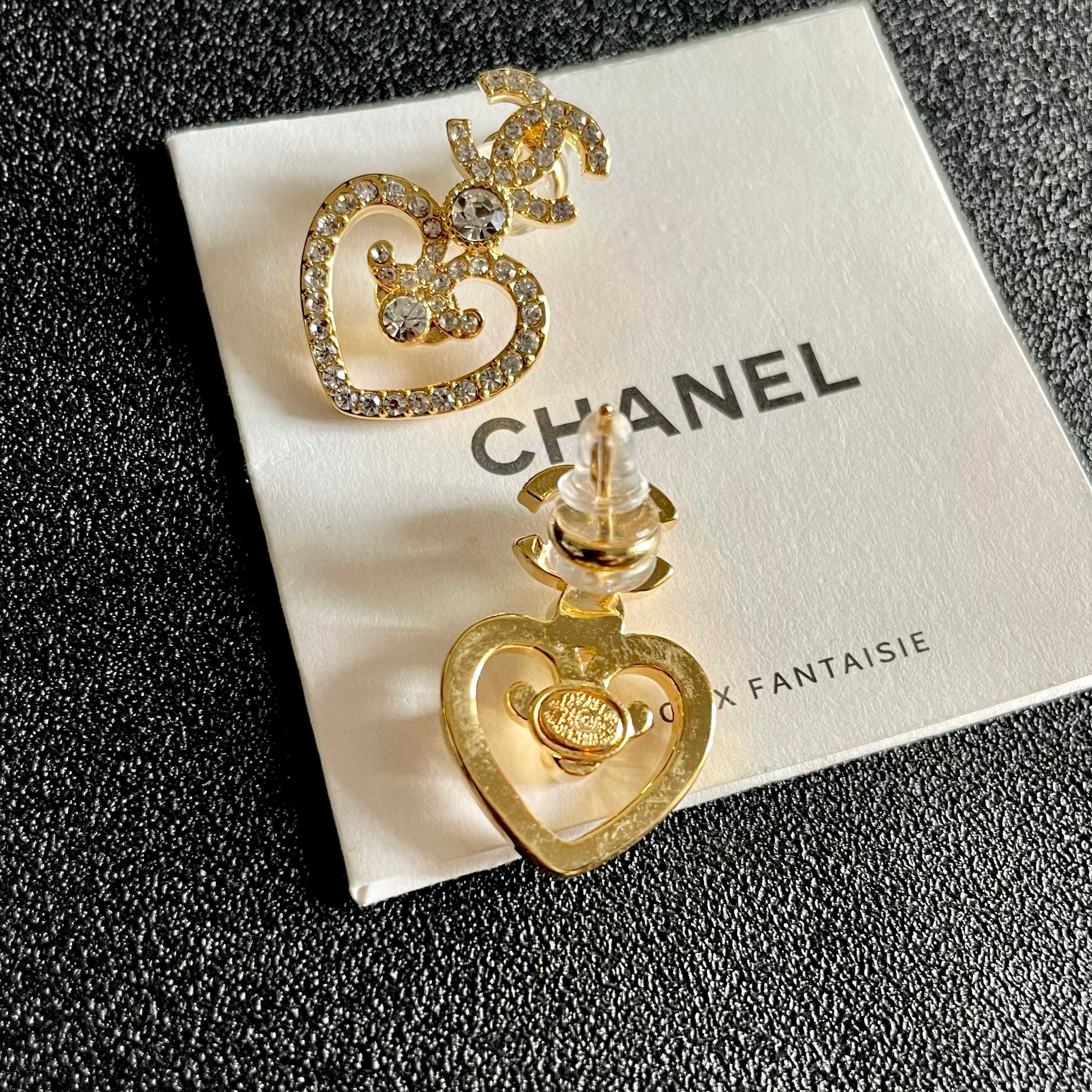 Luxury Gold Heart & CC Logo Crystal Stud Earrings for Women