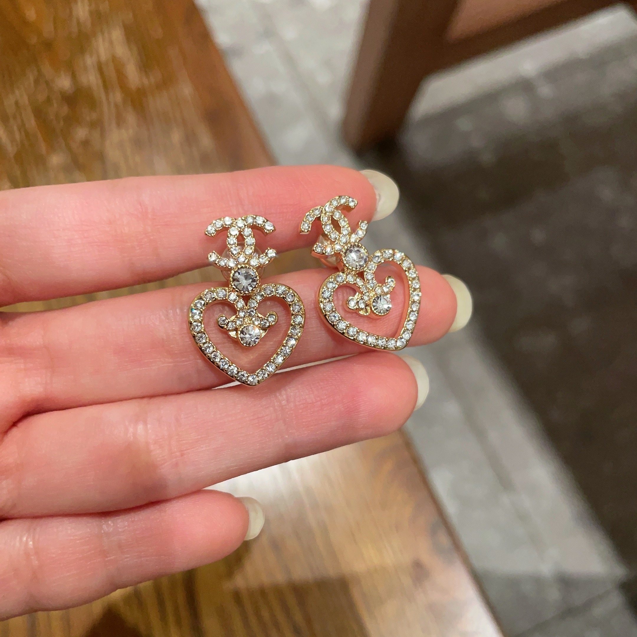 Luxury Gold Heart & CC Logo Crystal Stud Earrings for Women