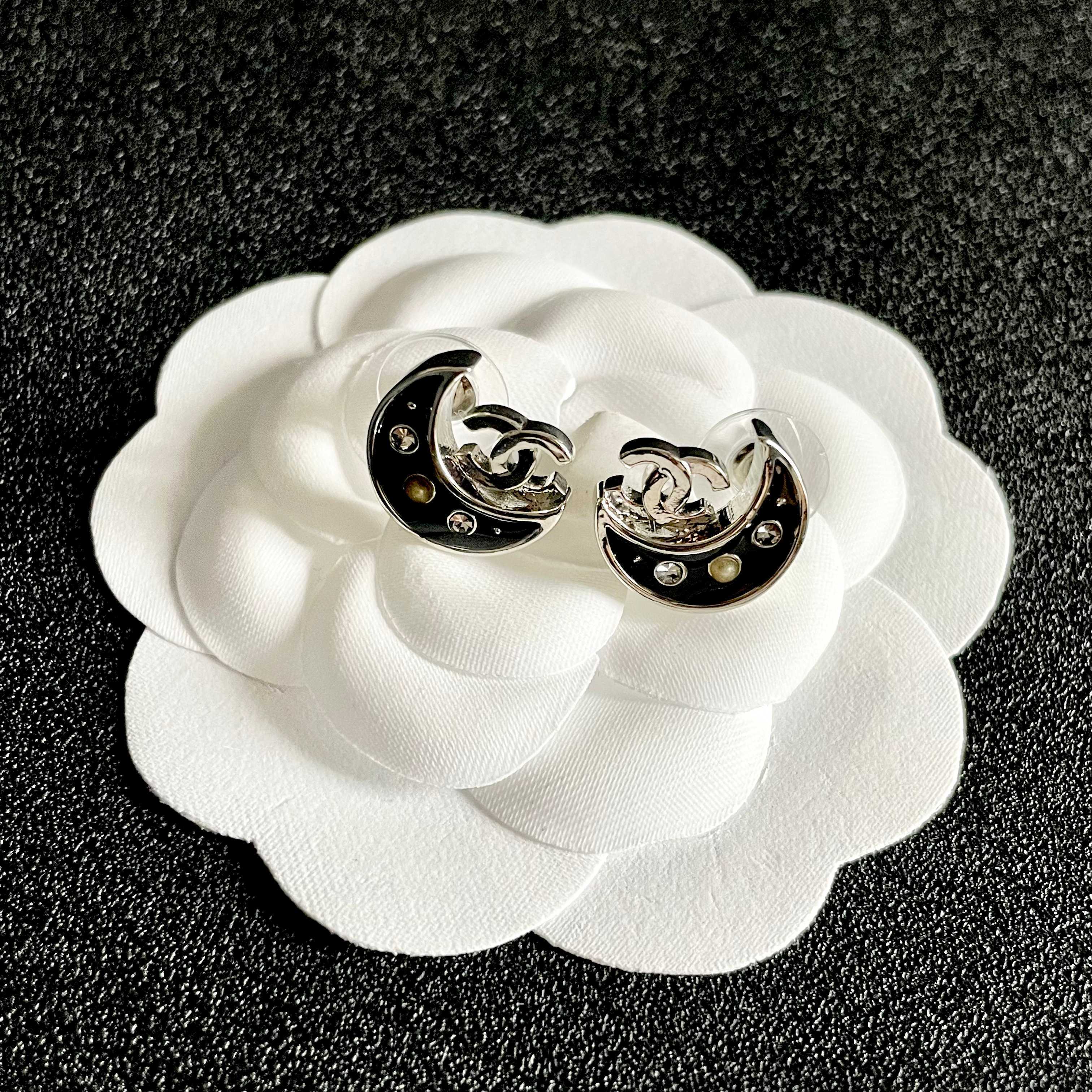 Luxury Black Crescent Moon Stud Earrings with Interlocking Logo