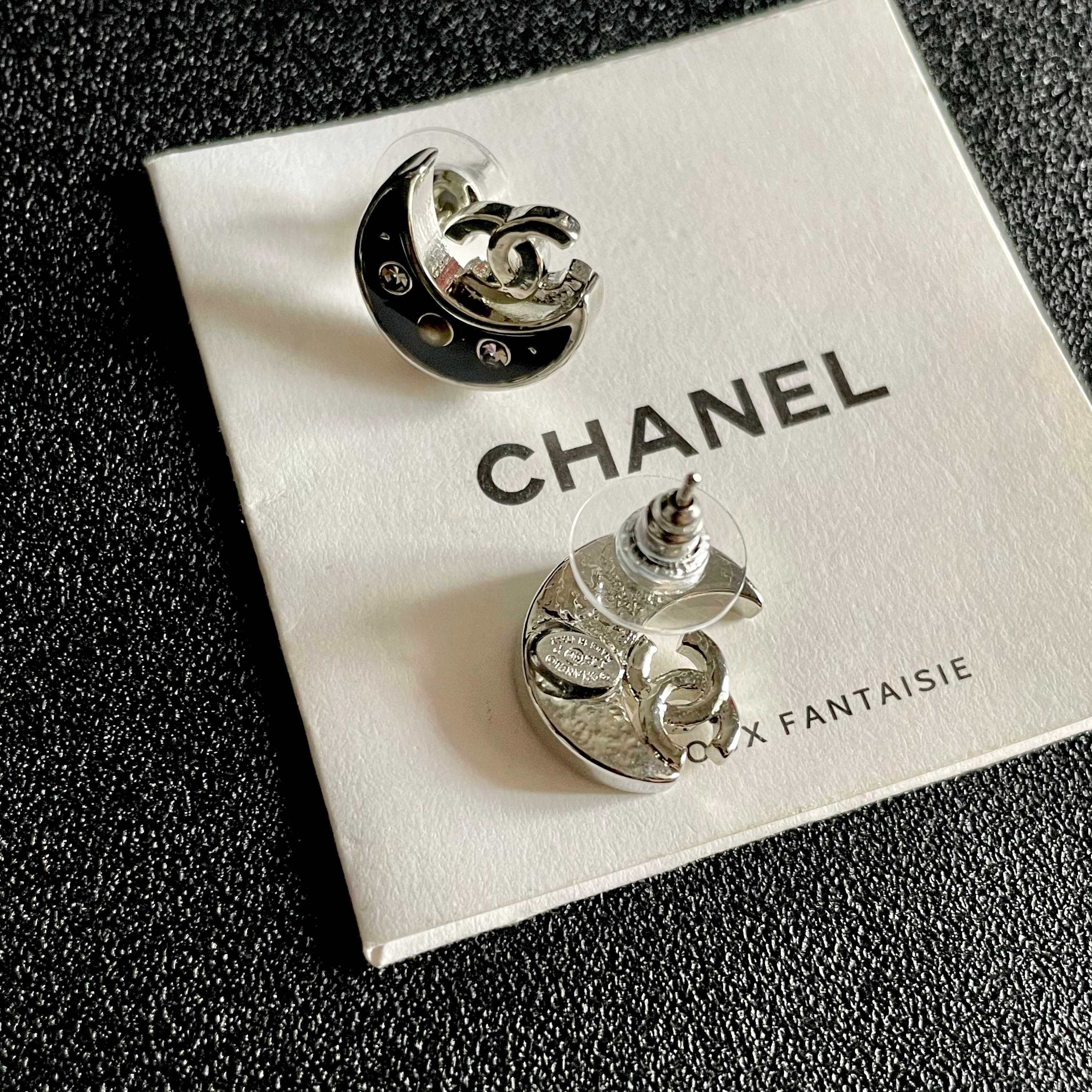 Luxury Black Crescent Moon Stud Earrings with Interlocking Logo