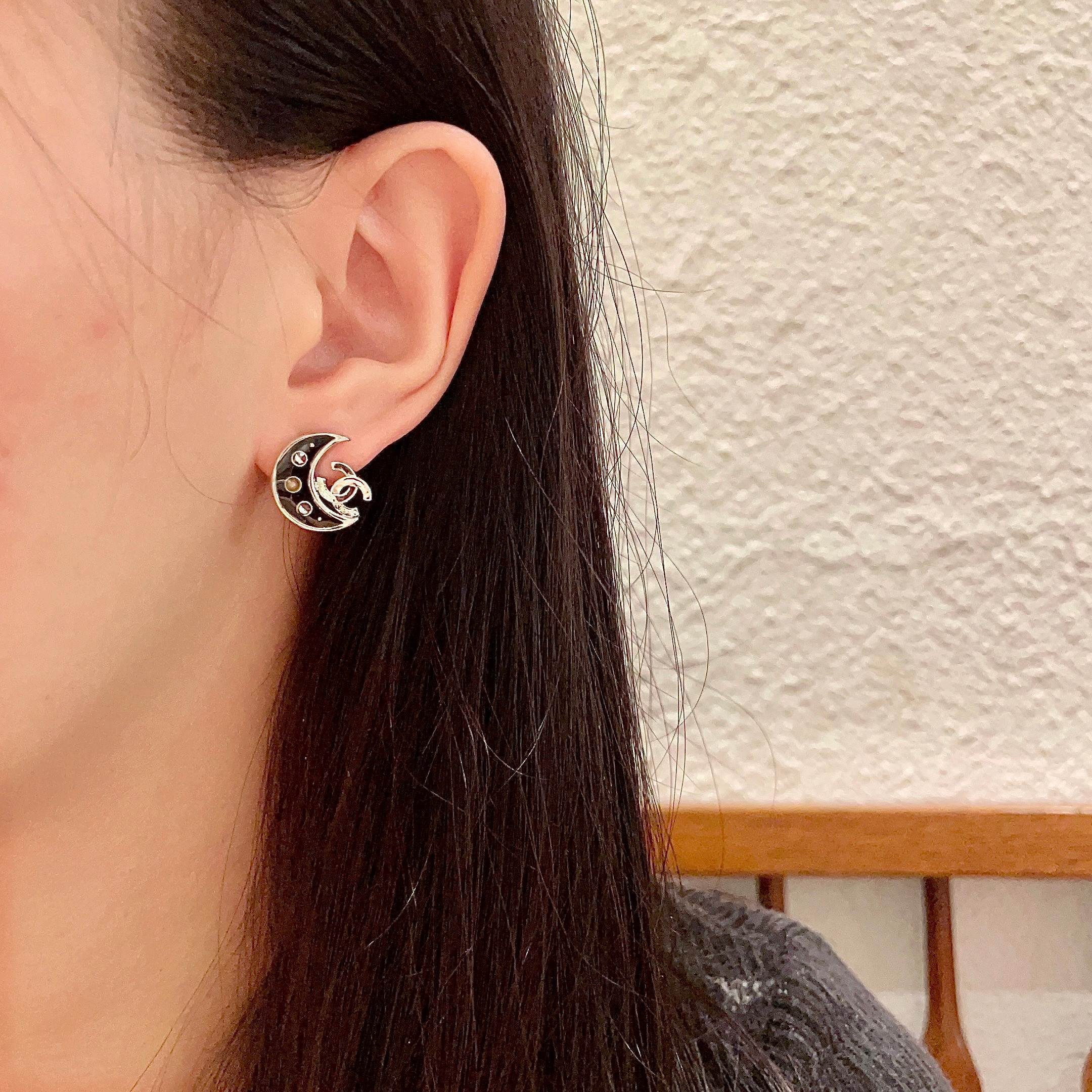 Luxury Black Crescent Moon Stud Earrings with Interlocking Logo