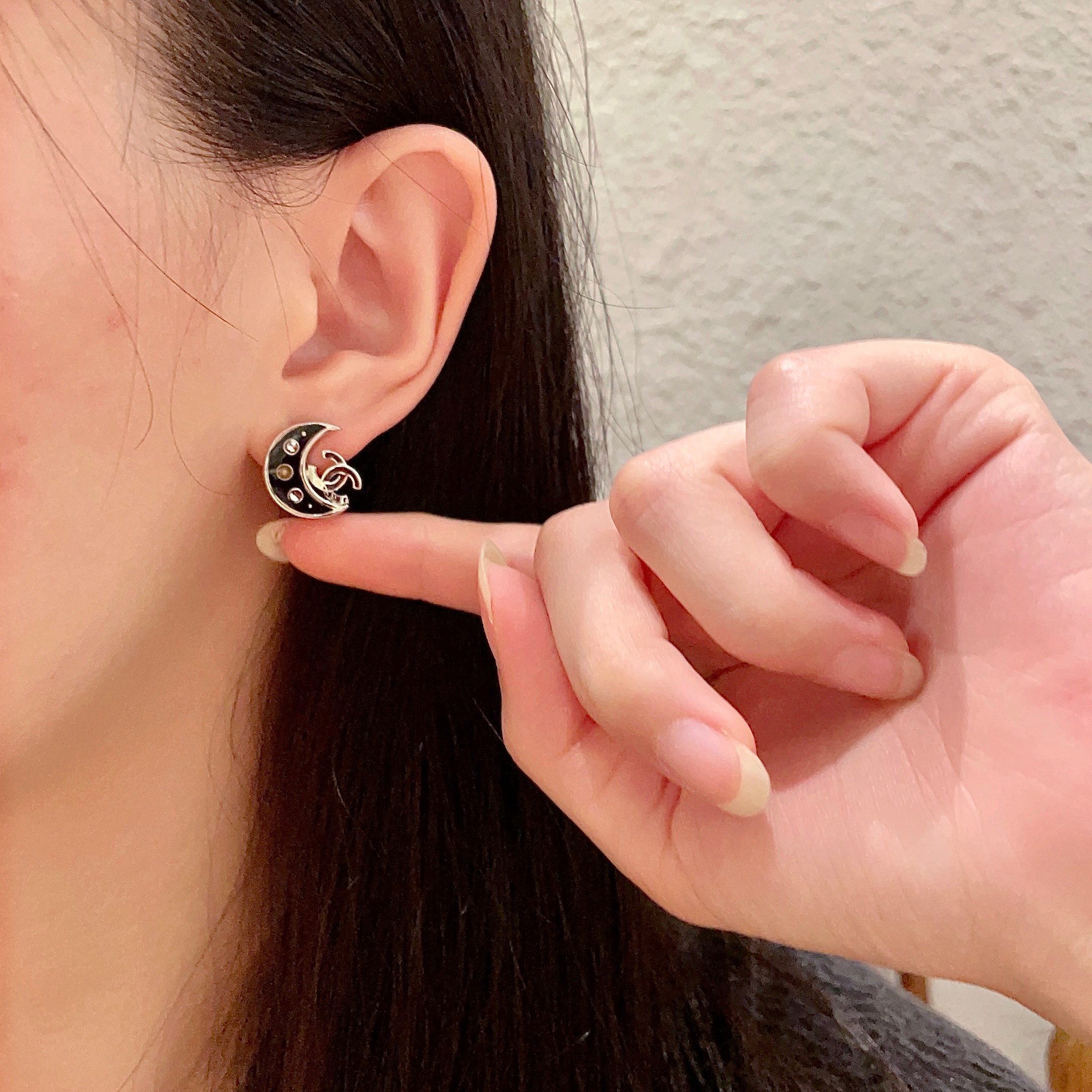 Luxury Black Crescent Moon Stud Earrings with Interlocking Logo