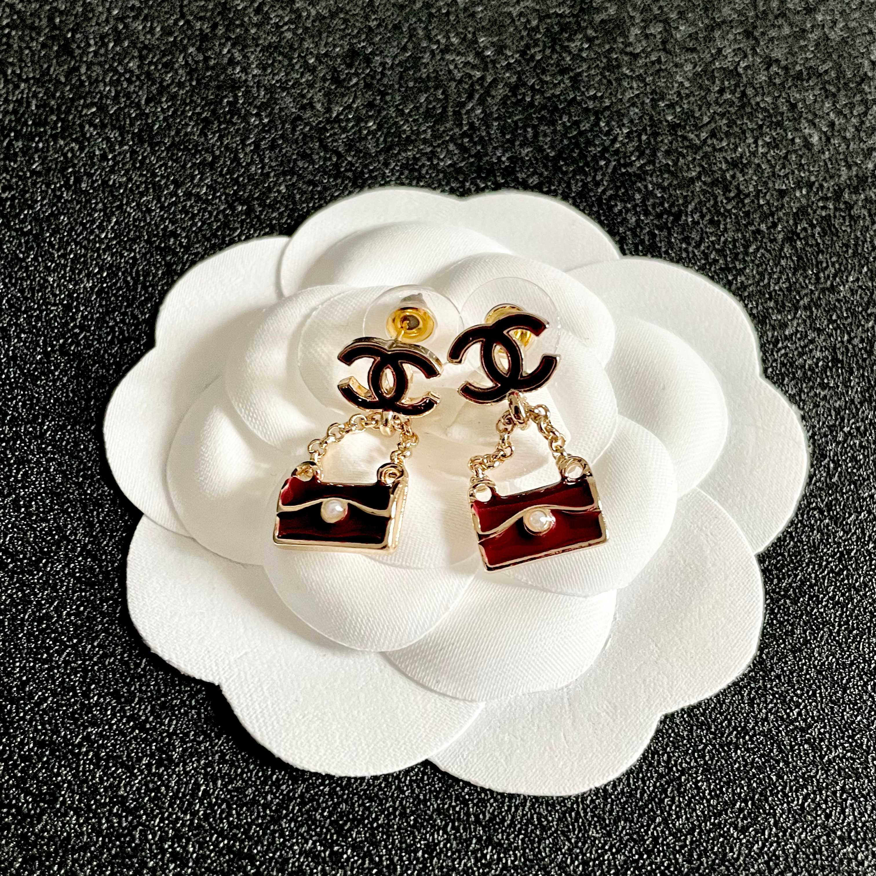 Luxury Burgundy Handbag Dangle Earrings with Pearl Accent