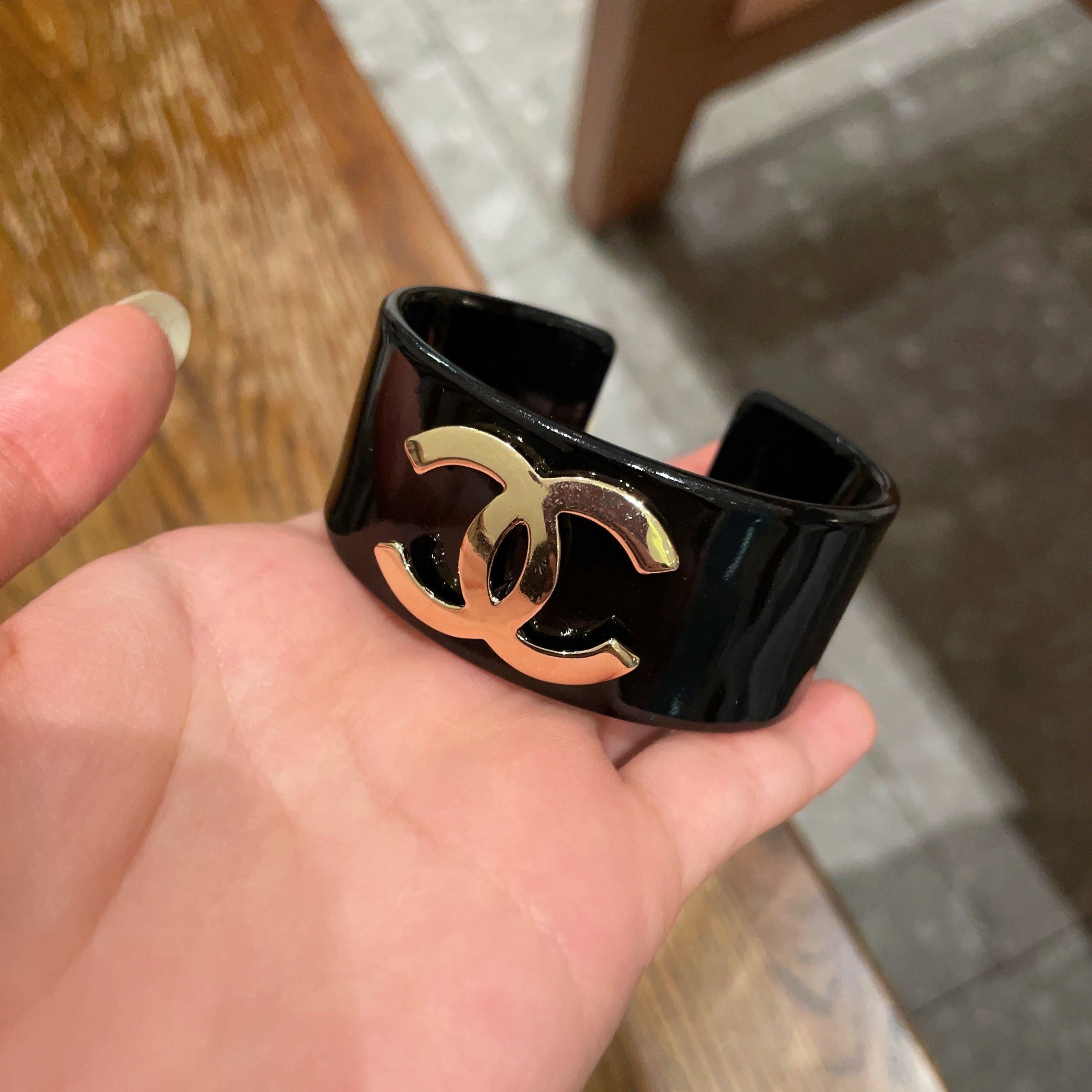 Luxury CC Logo Resin Cuff Bracelet - Elegant Black & White Design