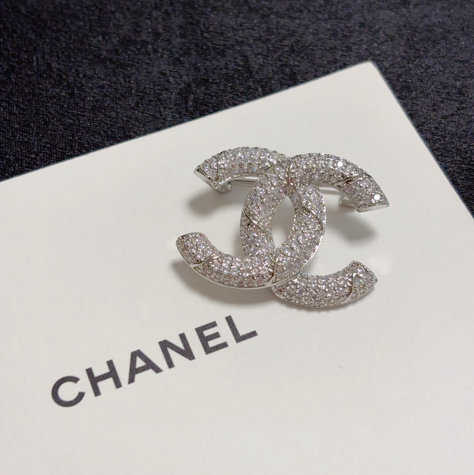 Luxury Chanel Silver-Tone Double C Logo Brooch with Sparkling Crystals