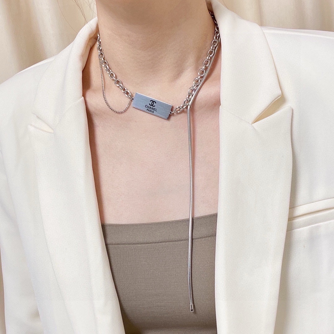 Elegant Silver Bar Pendant Necklace - Asymmetric Lariat Chain