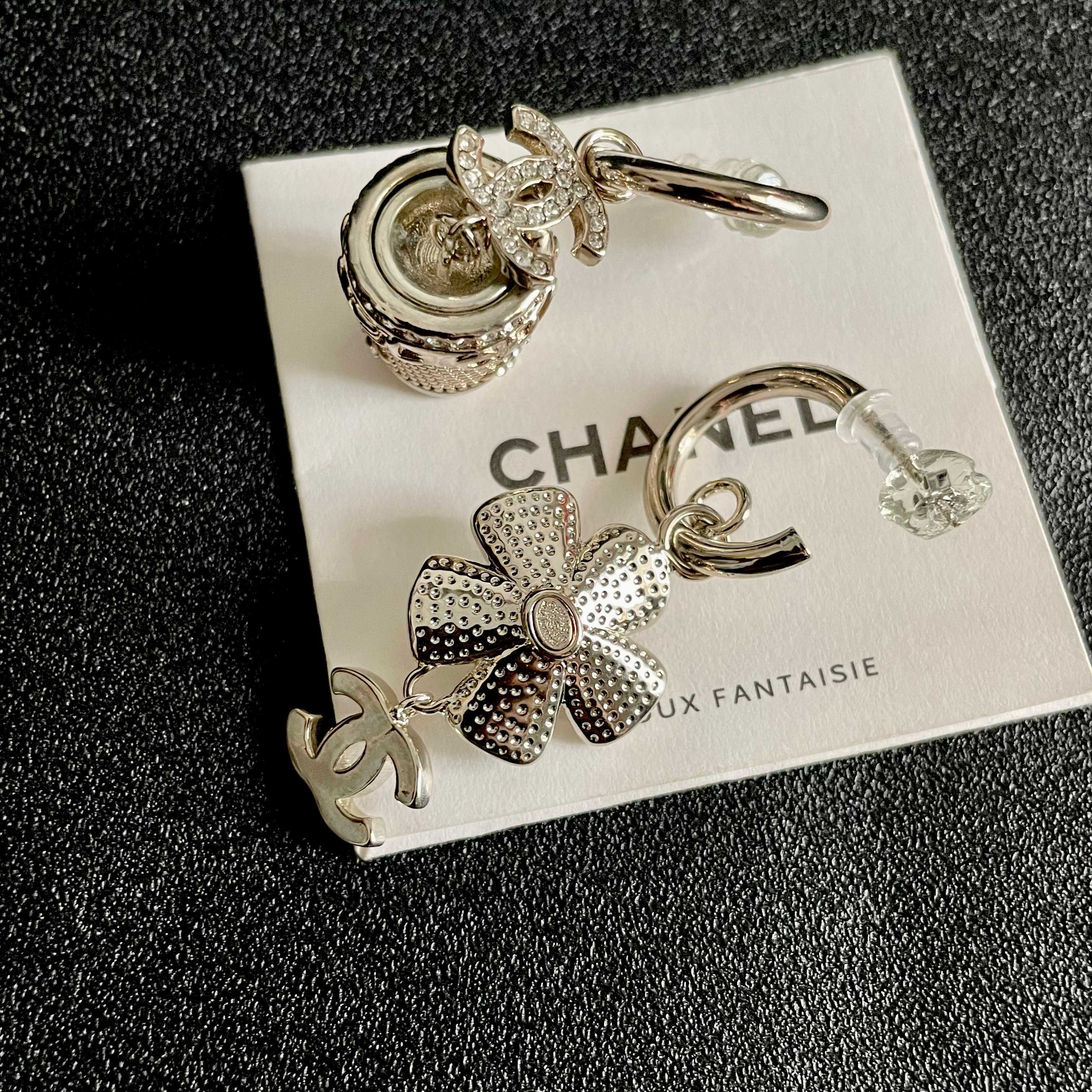 Luxury Camellia Flower Crystal Hoop Earrings with CC Logo Charm