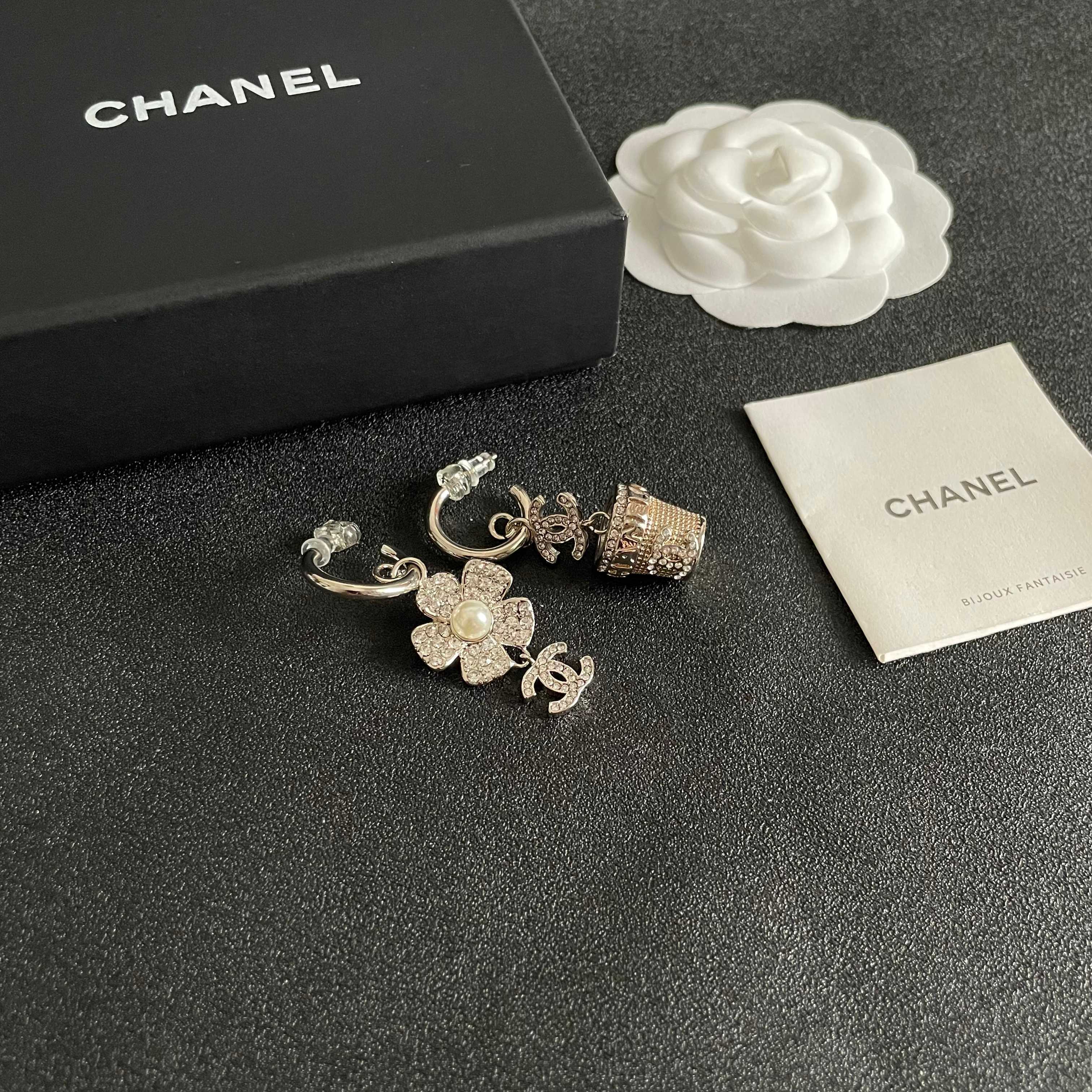 Luxury Camellia Flower Crystal Hoop Earrings with CC Logo Charm