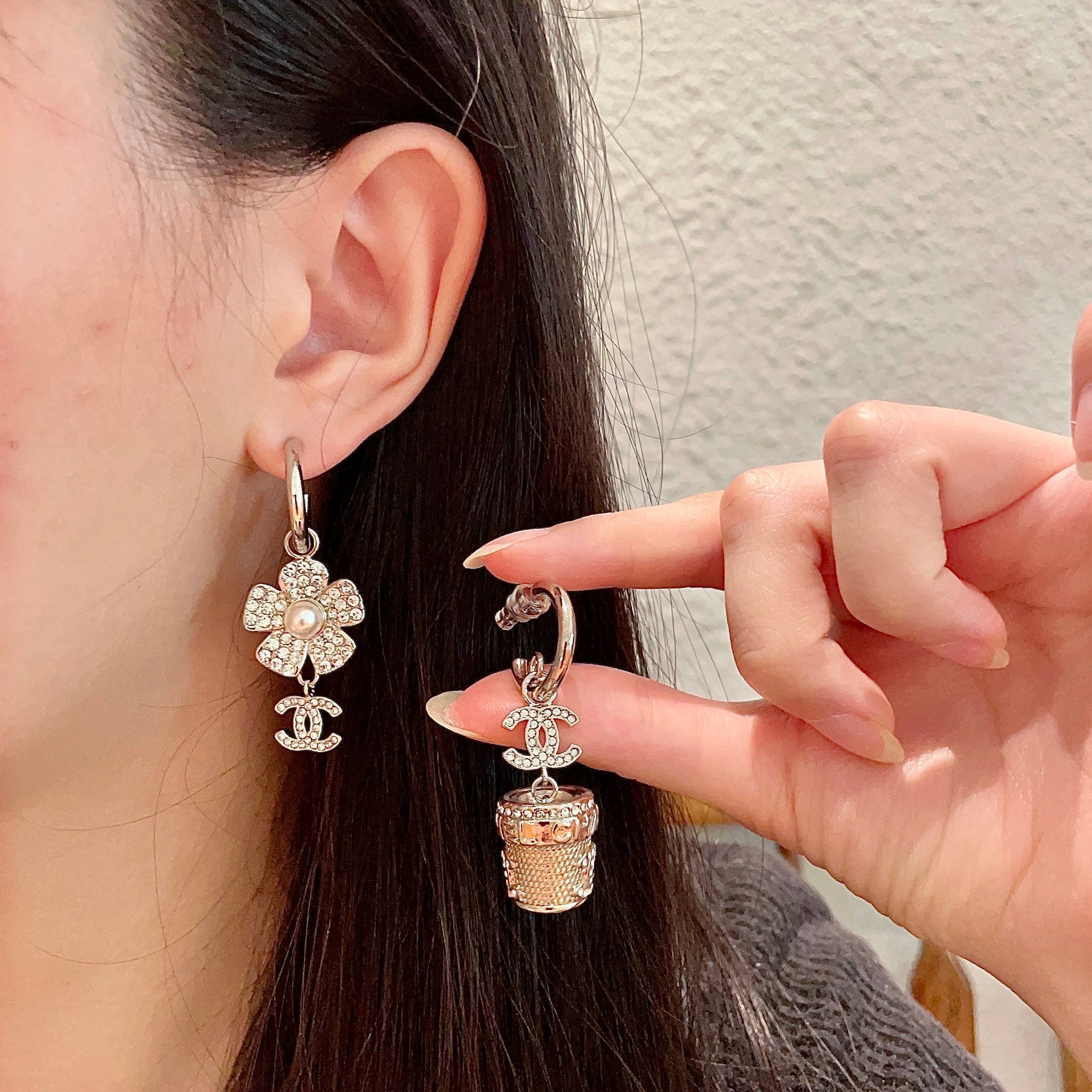 Luxury Camellia Flower Crystal Hoop Earrings with CC Logo Charm