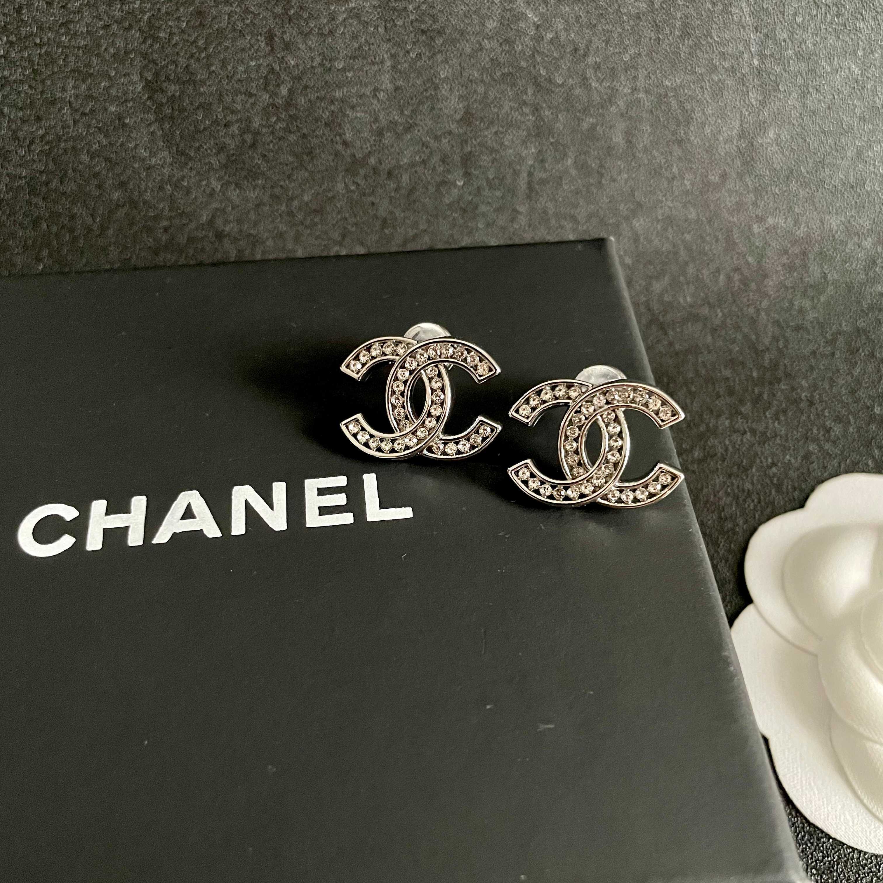 Elegant Silver Double C Logo Earrings with Sparkling Crystals