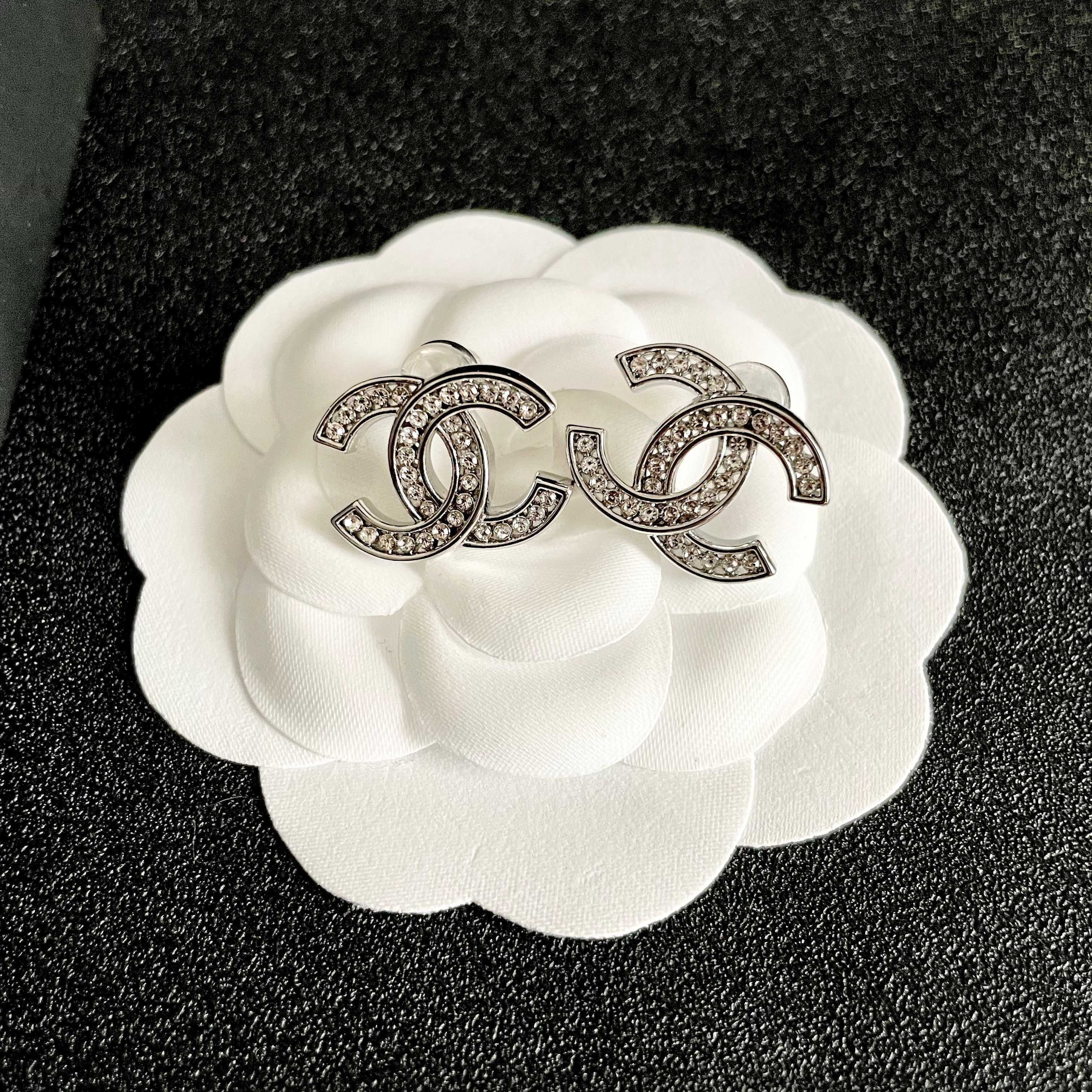 Elegant Silver Double C Logo Earrings with Sparkling Crystals