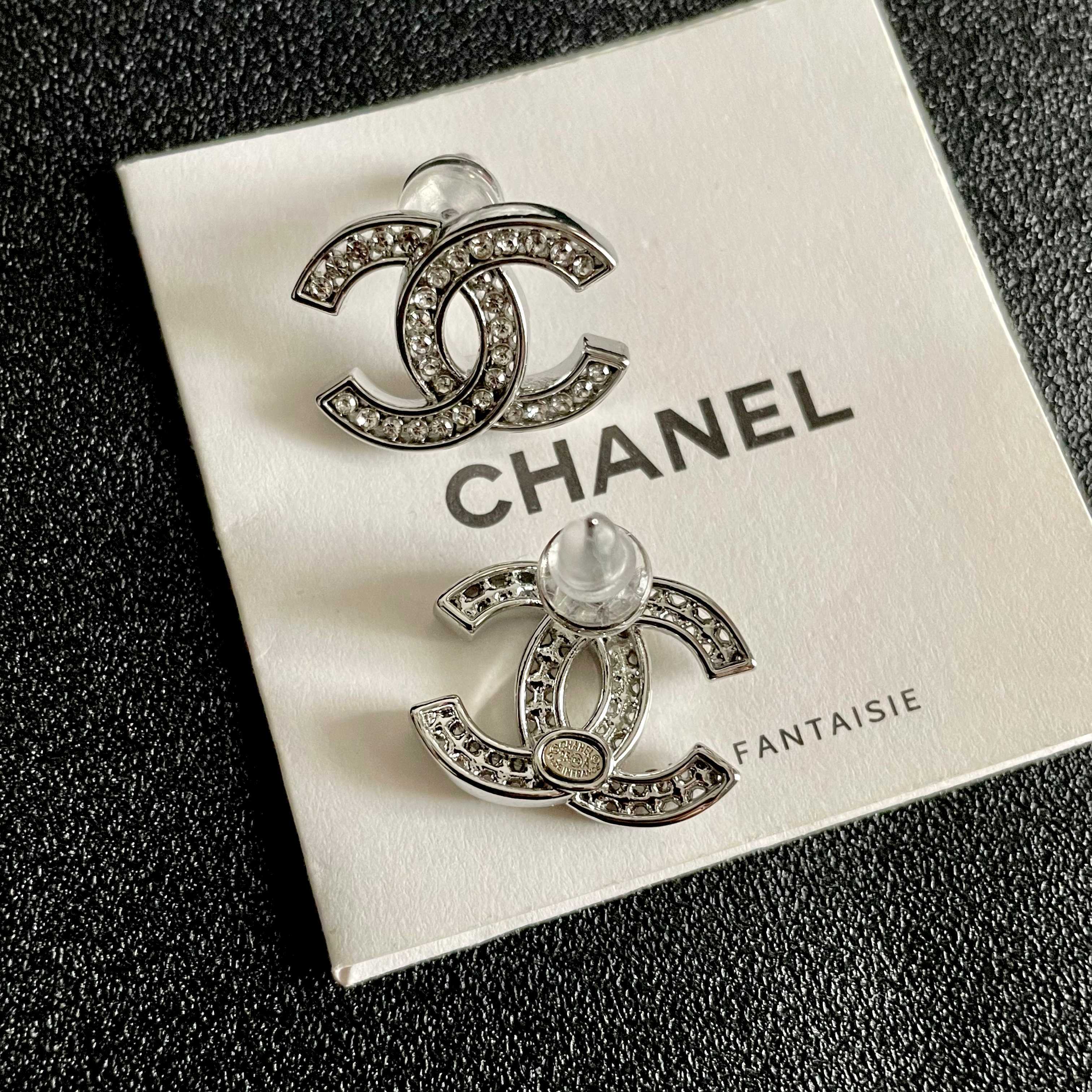 Elegant Silver Double C Logo Earrings with Sparkling Crystals