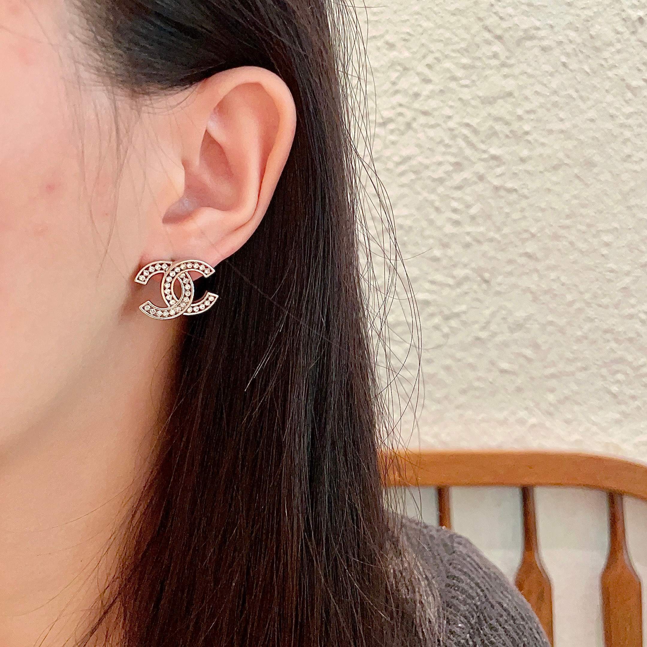 Elegant Silver Double C Logo Earrings with Sparkling Crystals