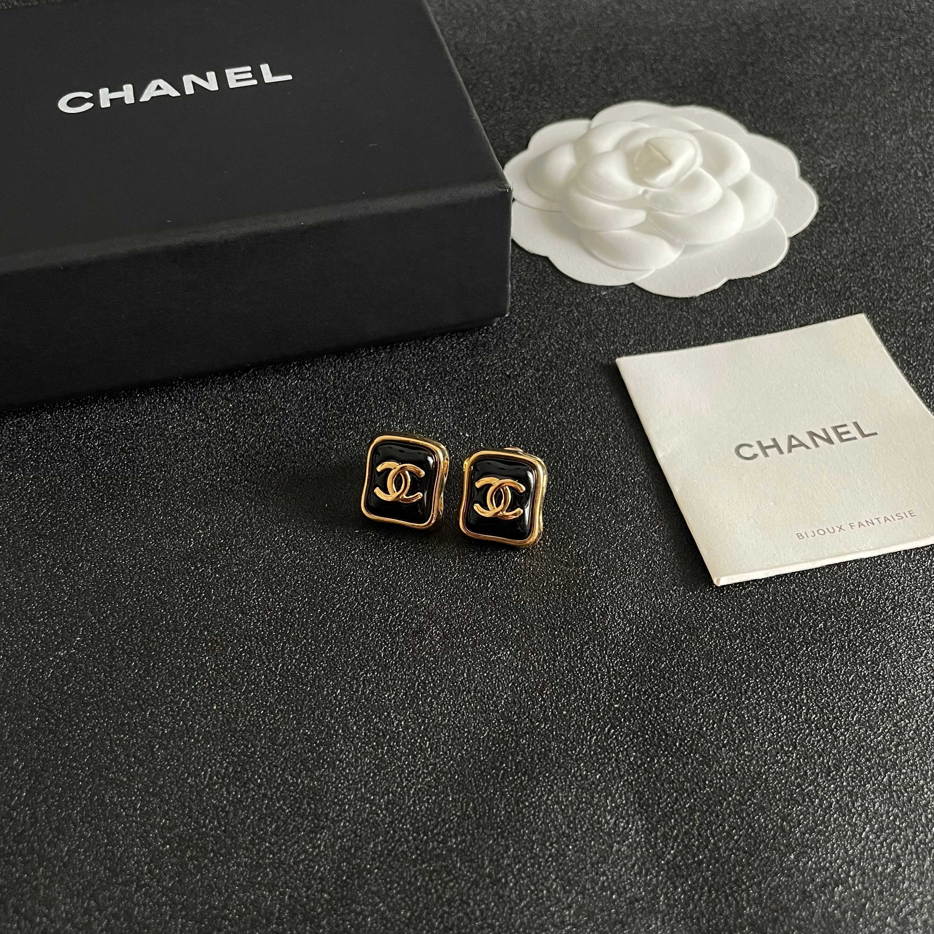Vintage Square CC Logo Stud Earrings - Elegant Gold Enamel Jewelry