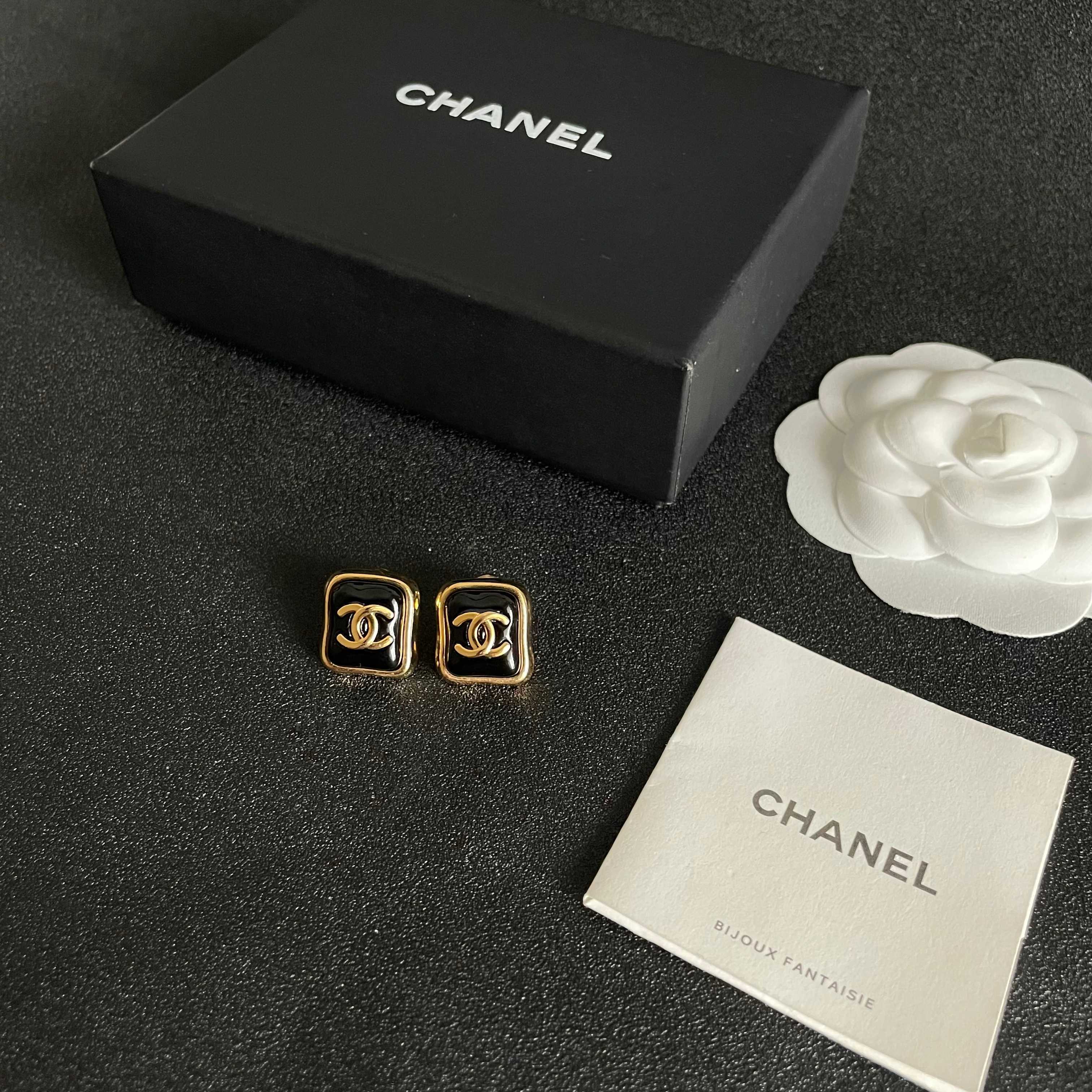 Vintage Square CC Logo Stud Earrings - Elegant Gold Enamel Jewelry