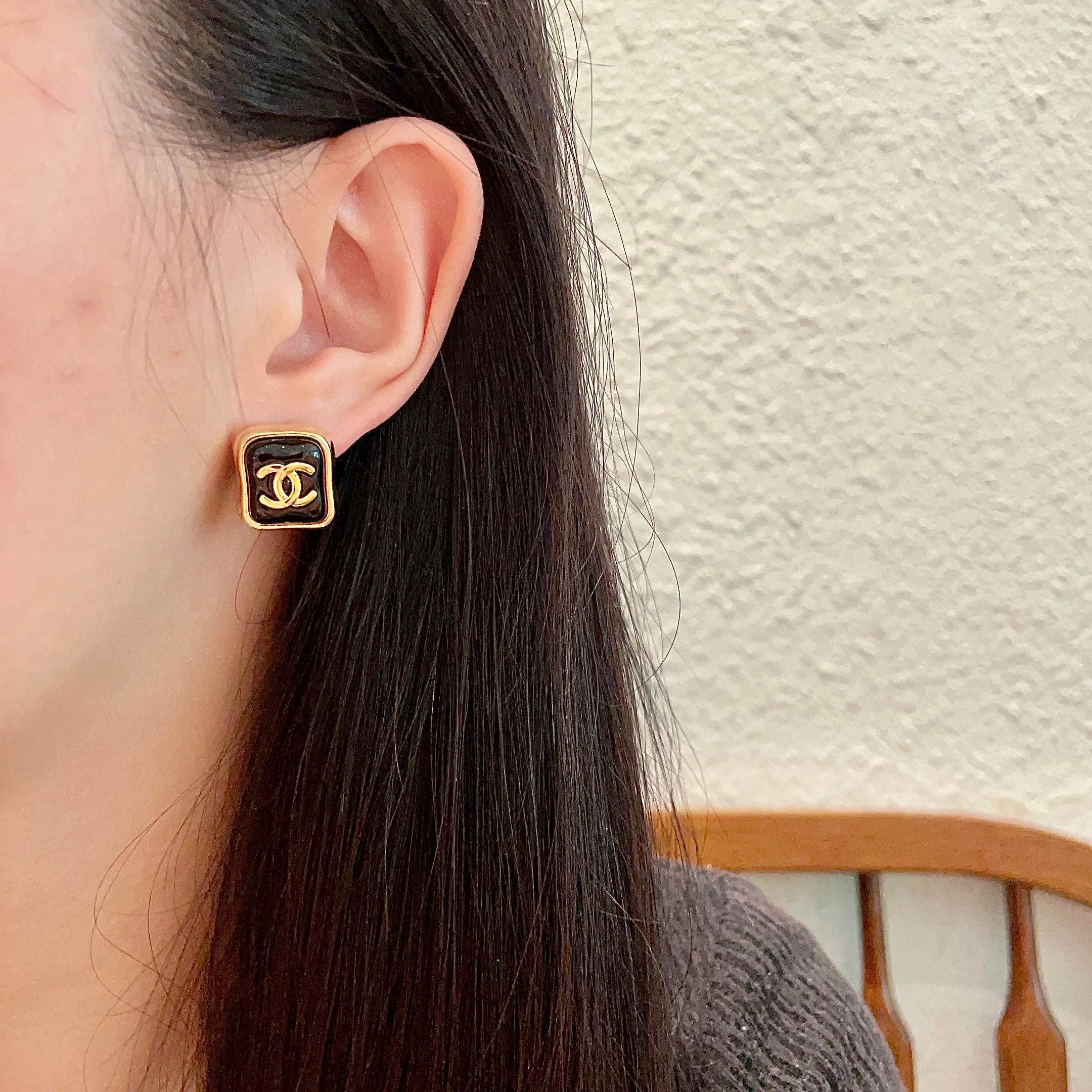 Vintage Square CC Logo Stud Earrings - Elegant Gold Enamel Jewelry