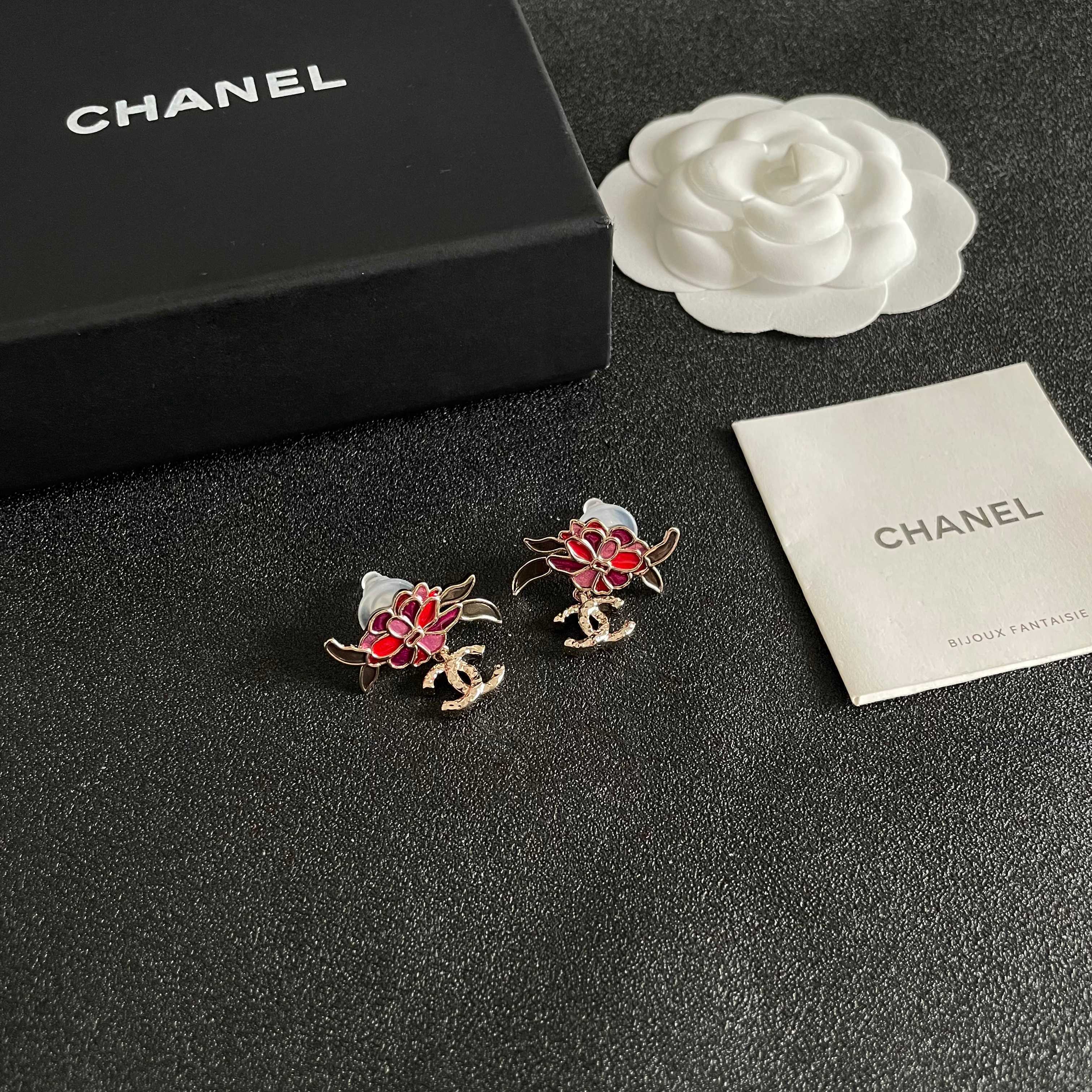 Elegant Camellia Flower Stud Earrings with Dangling Gold CC Logo