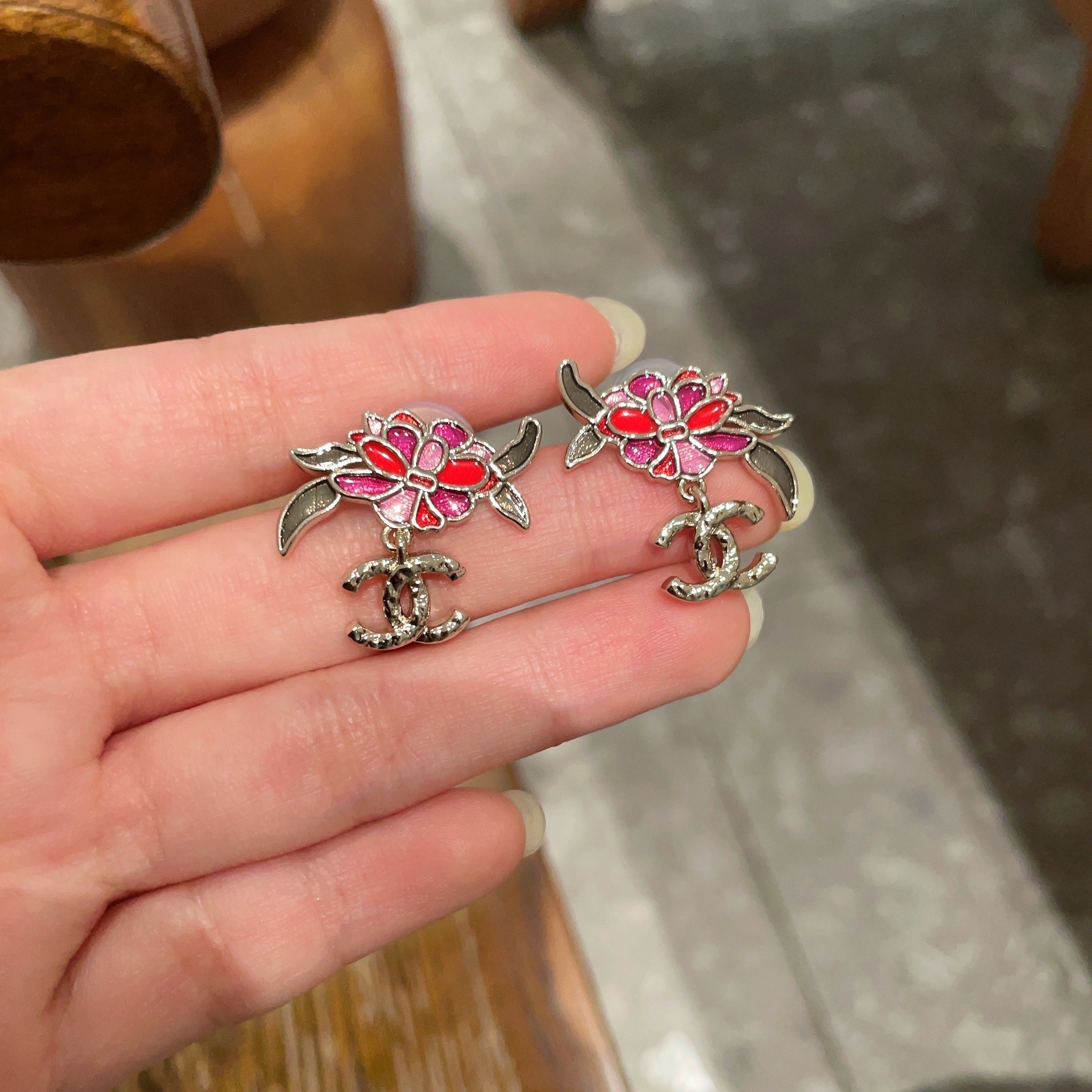 Elegant Camellia Flower Stud Earrings with Dangling Gold CC Logo