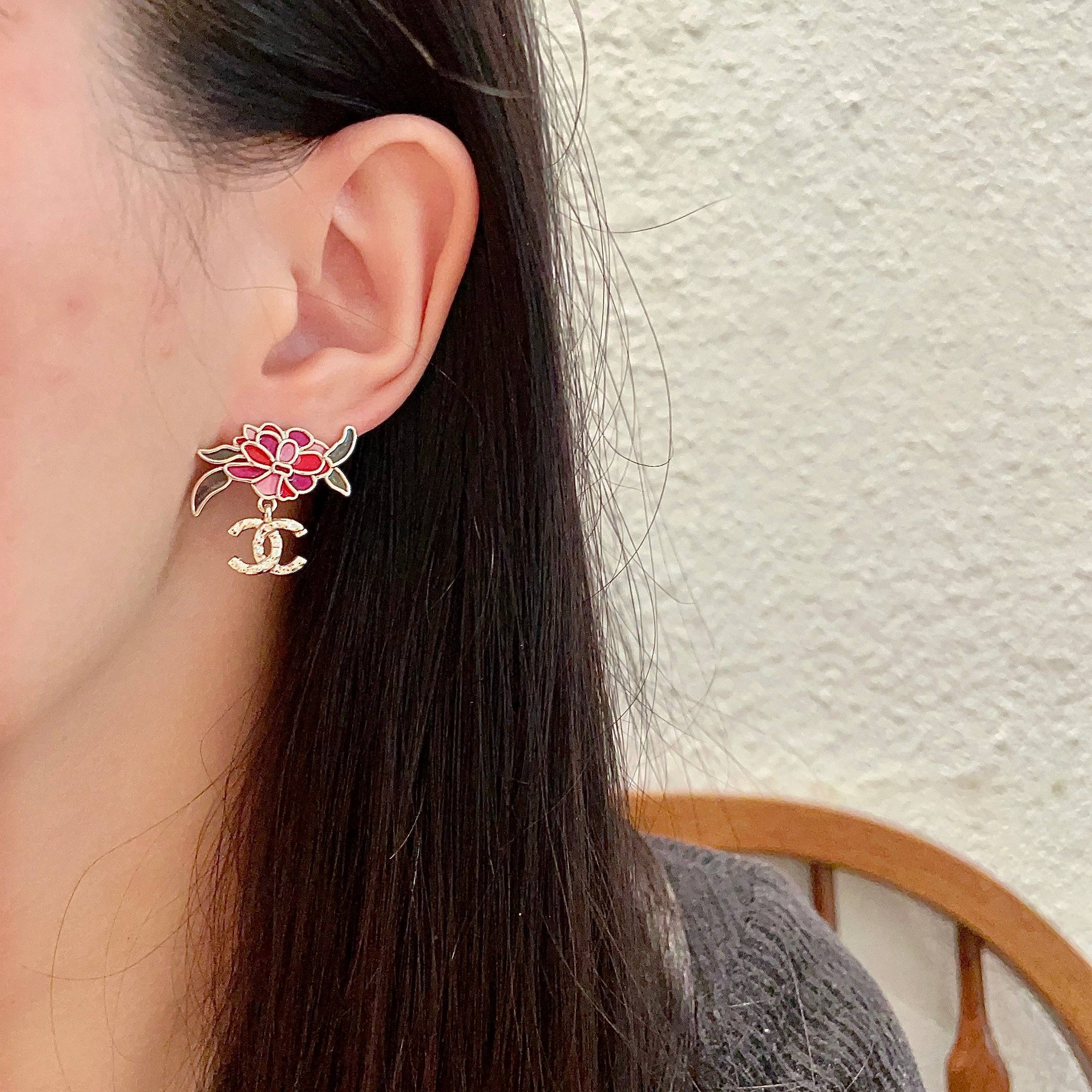 Elegant Camellia Flower Stud Earrings with Dangling Gold CC Logo