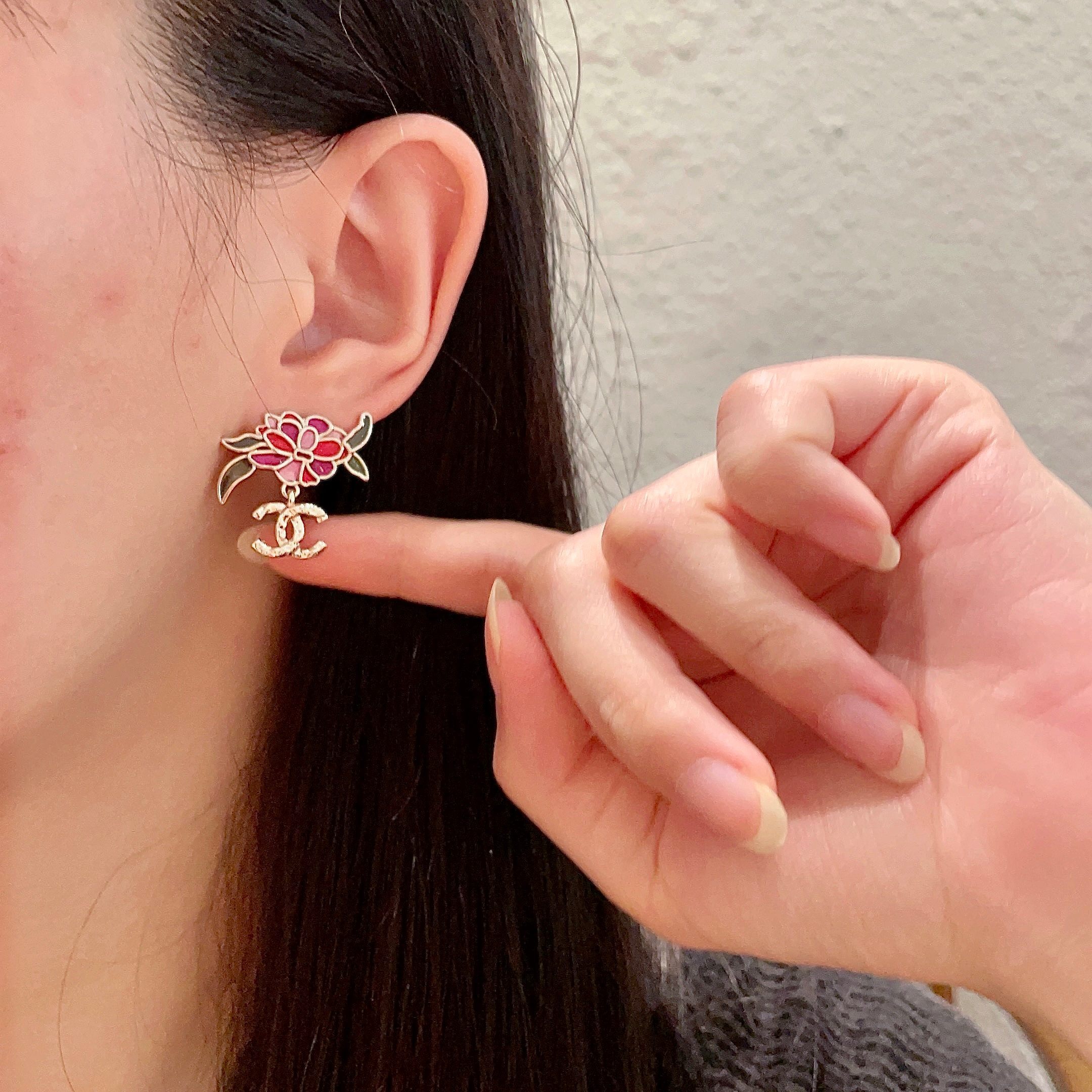 Elegant Camellia Flower Stud Earrings with Dangling Gold CC Logo