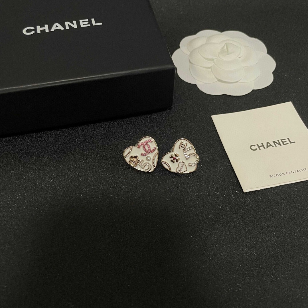 Elegant Heart Enamel Stud Earrings with CC Logo & Camellia