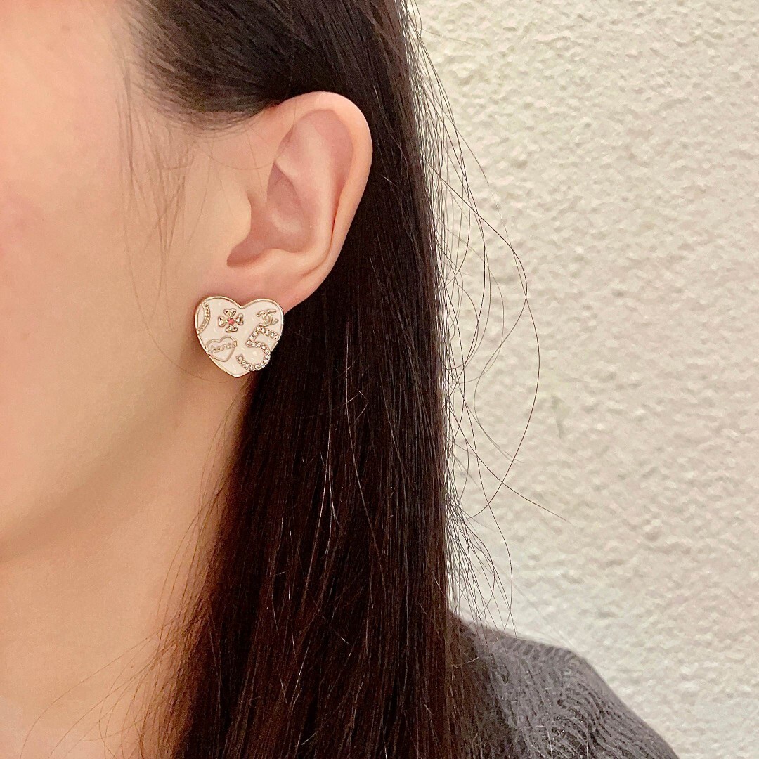 Elegant Heart Enamel Stud Earrings with CC Logo & Camellia