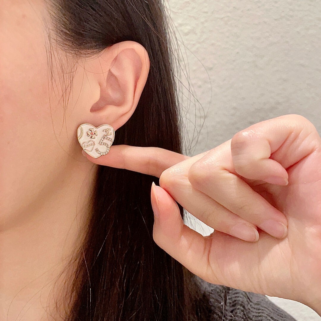 Elegant Heart Enamel Stud Earrings with CC Logo & Camellia