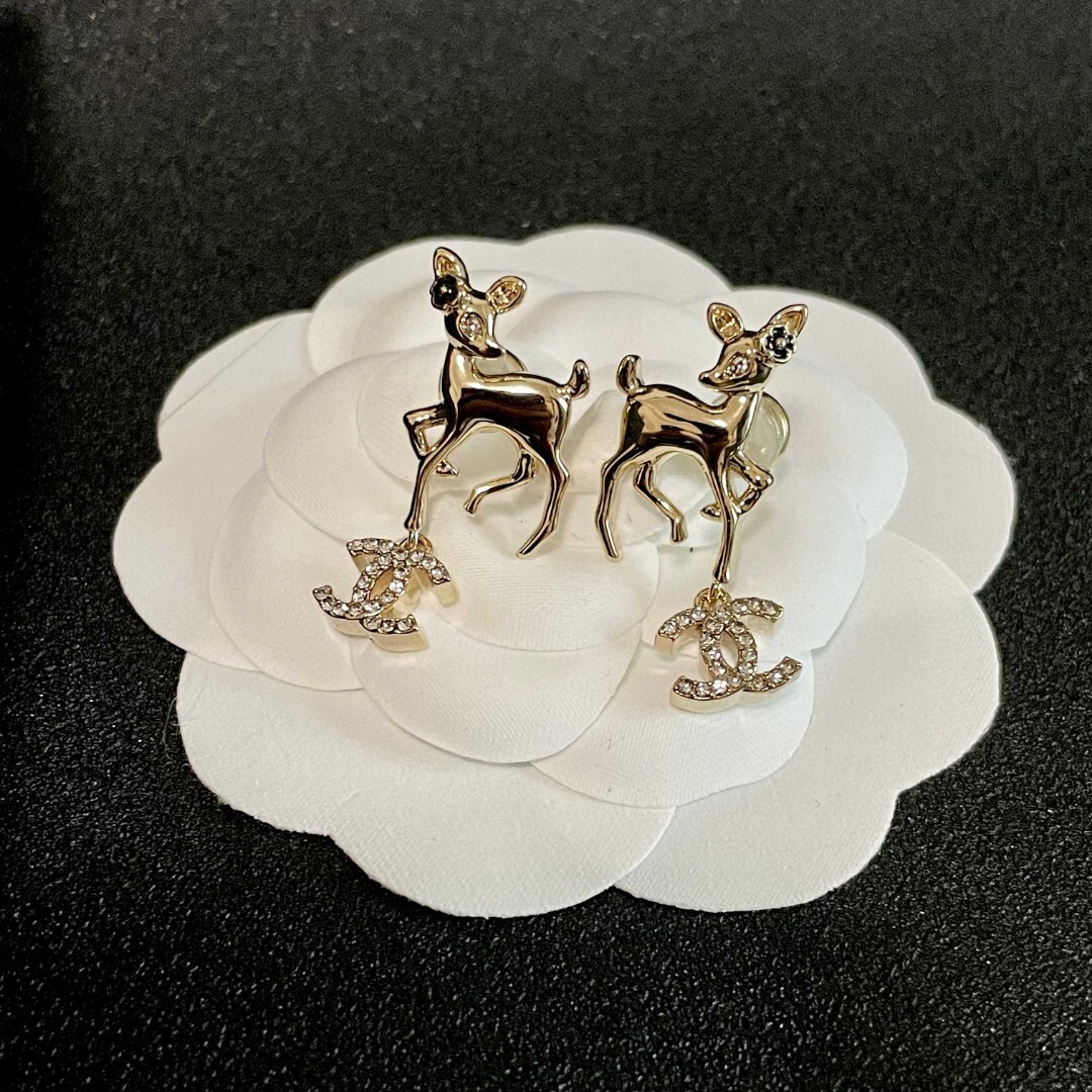 Elegant Gold Deer Dangle Earrings with Crystal Double C Logo