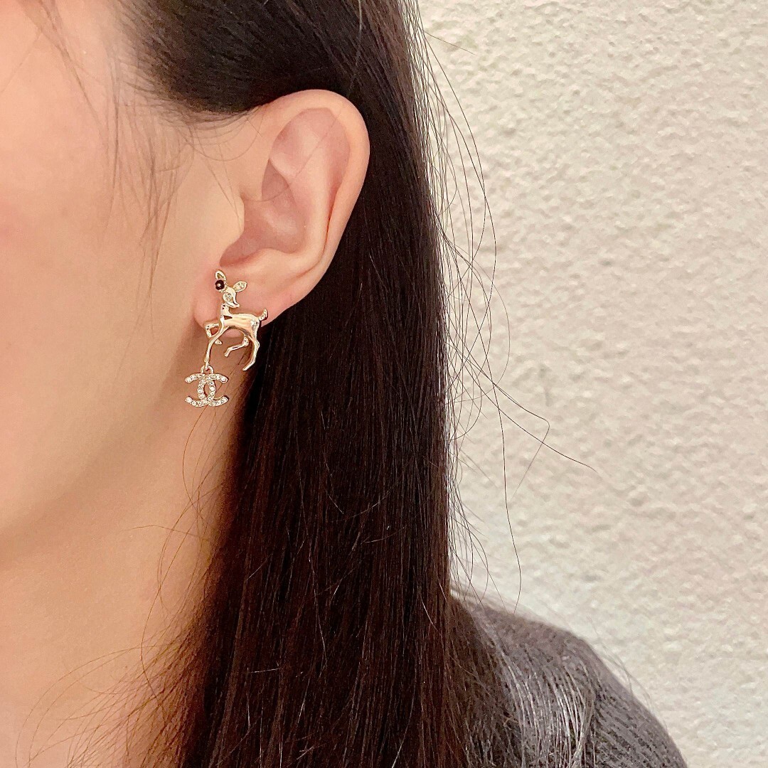 Elegant Gold Deer Dangle Earrings with Crystal Double C Logo