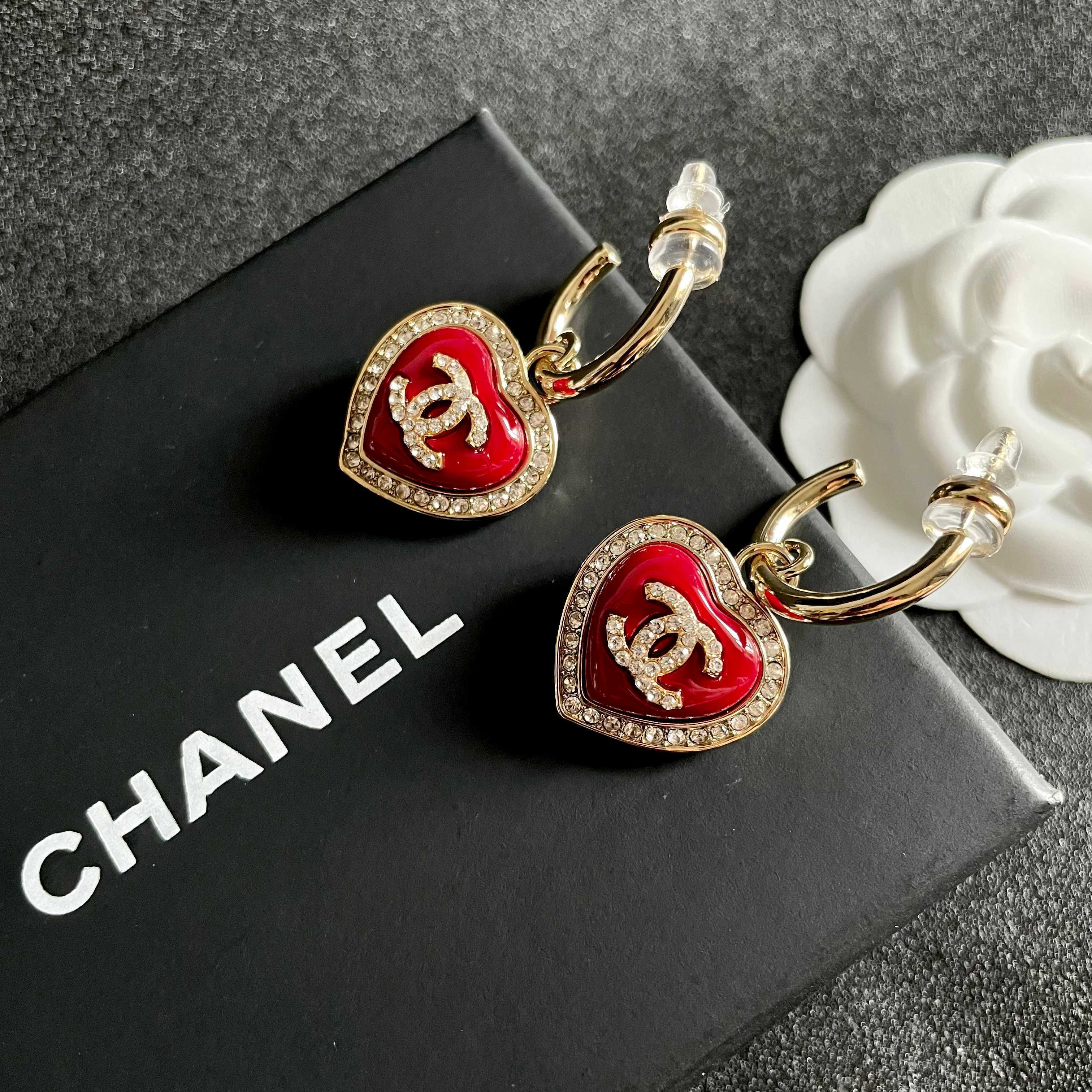 Elegant Red Heart Hoop Earrings with Sparkling Gold Logo
