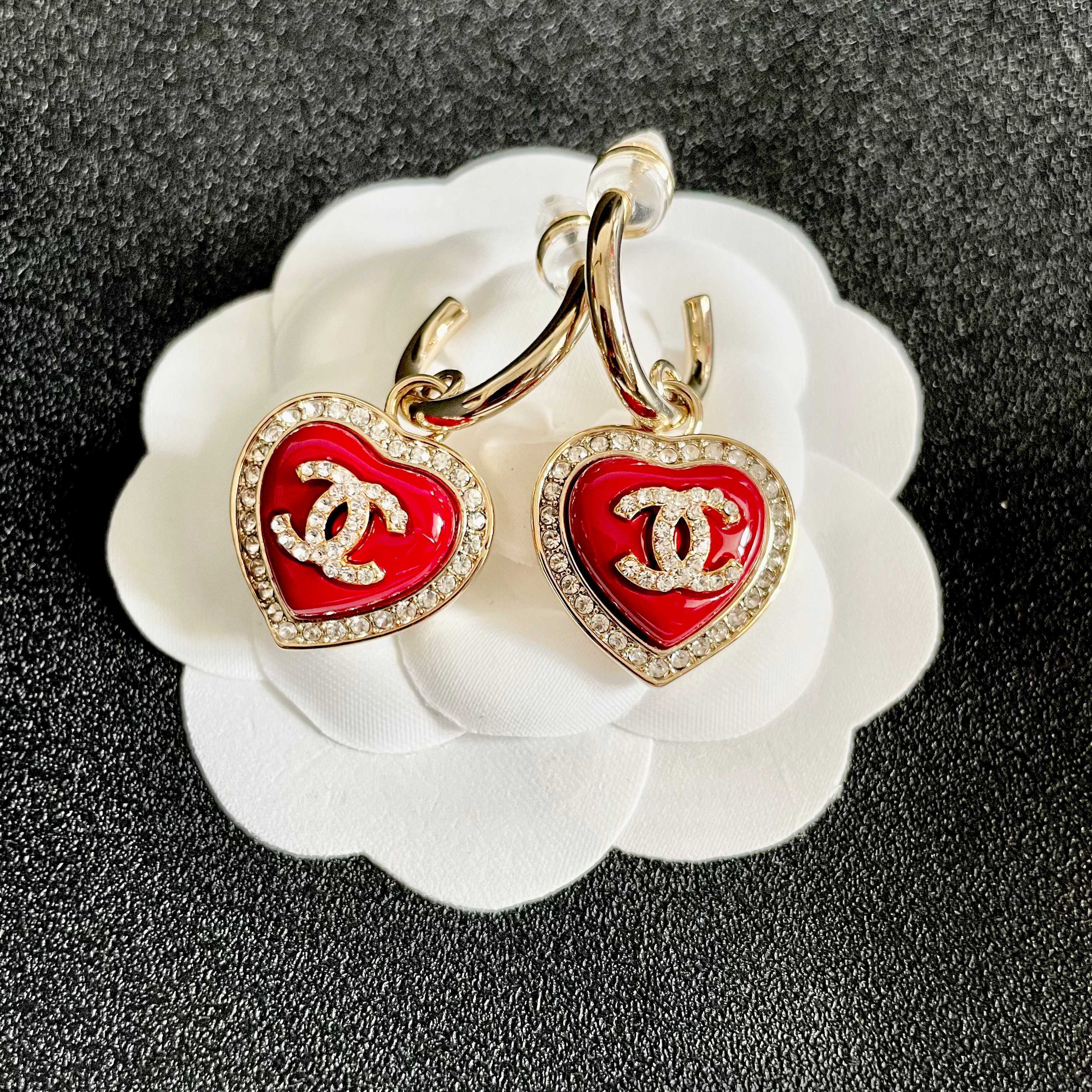 Elegant Red Heart Hoop Earrings with Sparkling Gold Logo