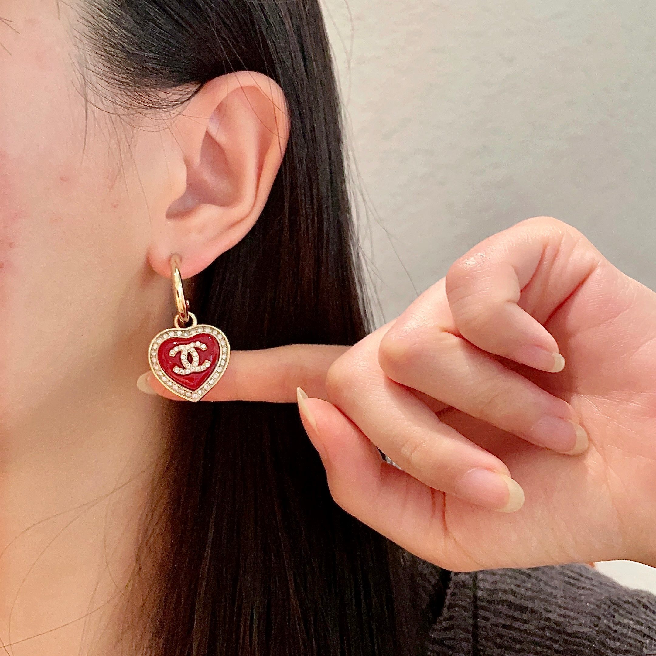Elegant Red Heart Hoop Earrings with Sparkling Gold Logo