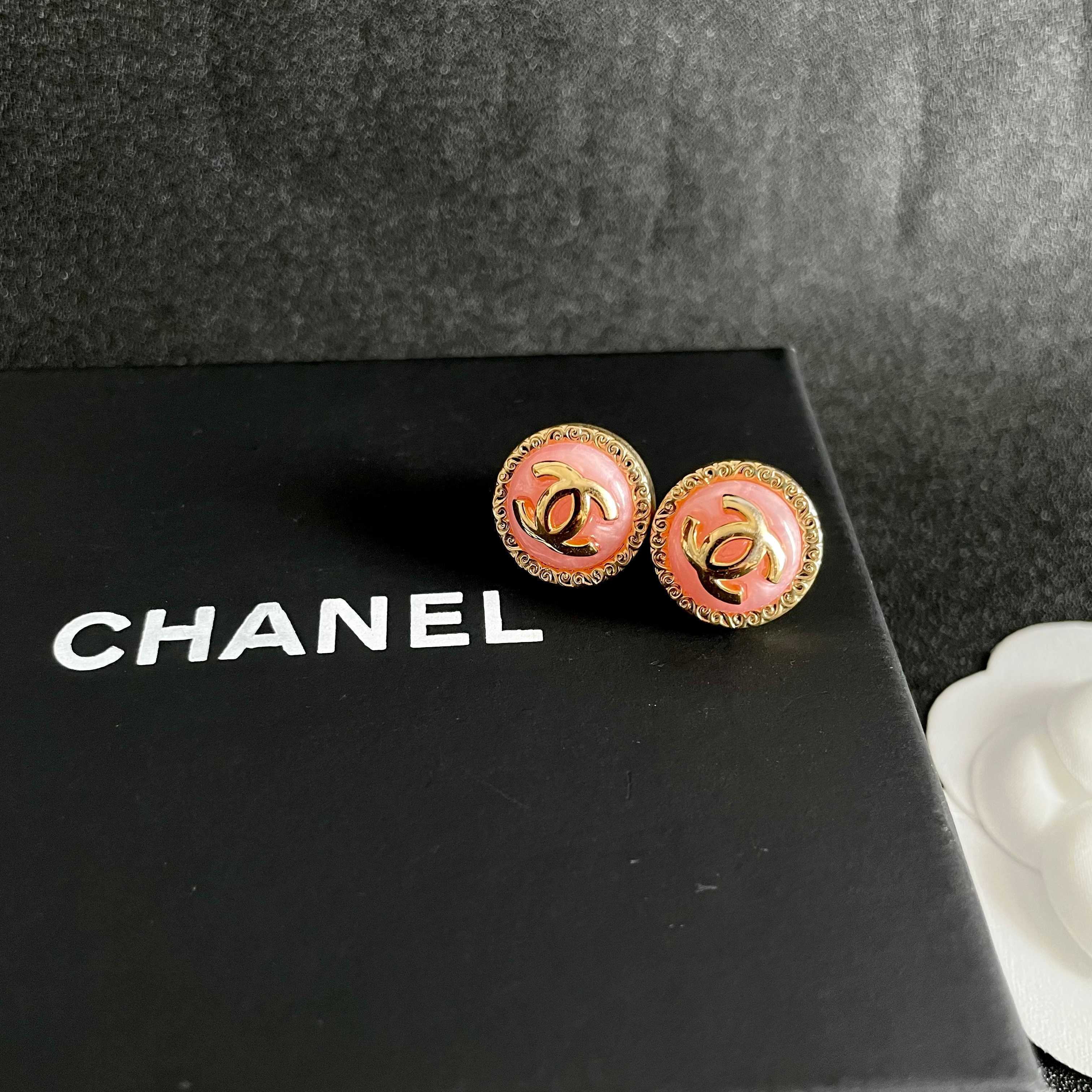 Elegant Pink Enamel CC Logo Button Earrings with Gold Border